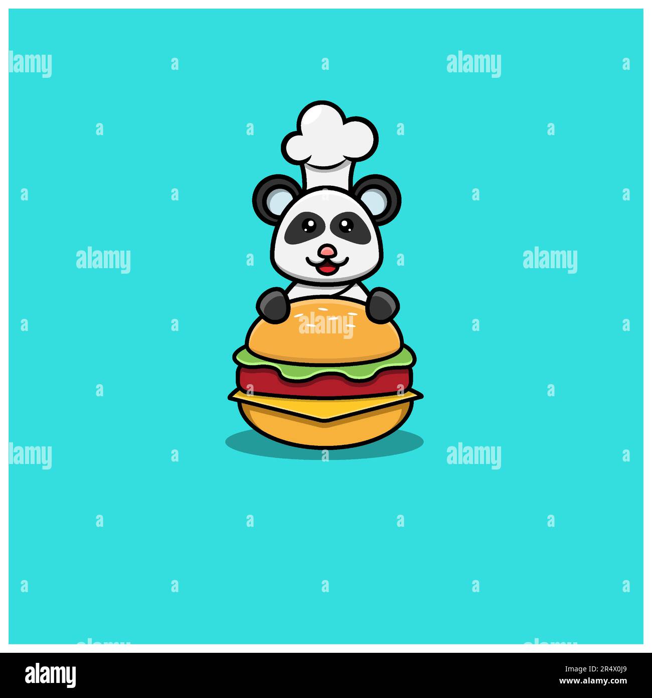 Süße Baby-Koch-Panda Auf Burger. Charakter, Logo, Symbol Und Inspiration Design. Vektor Und Illustration. Stock Vektor