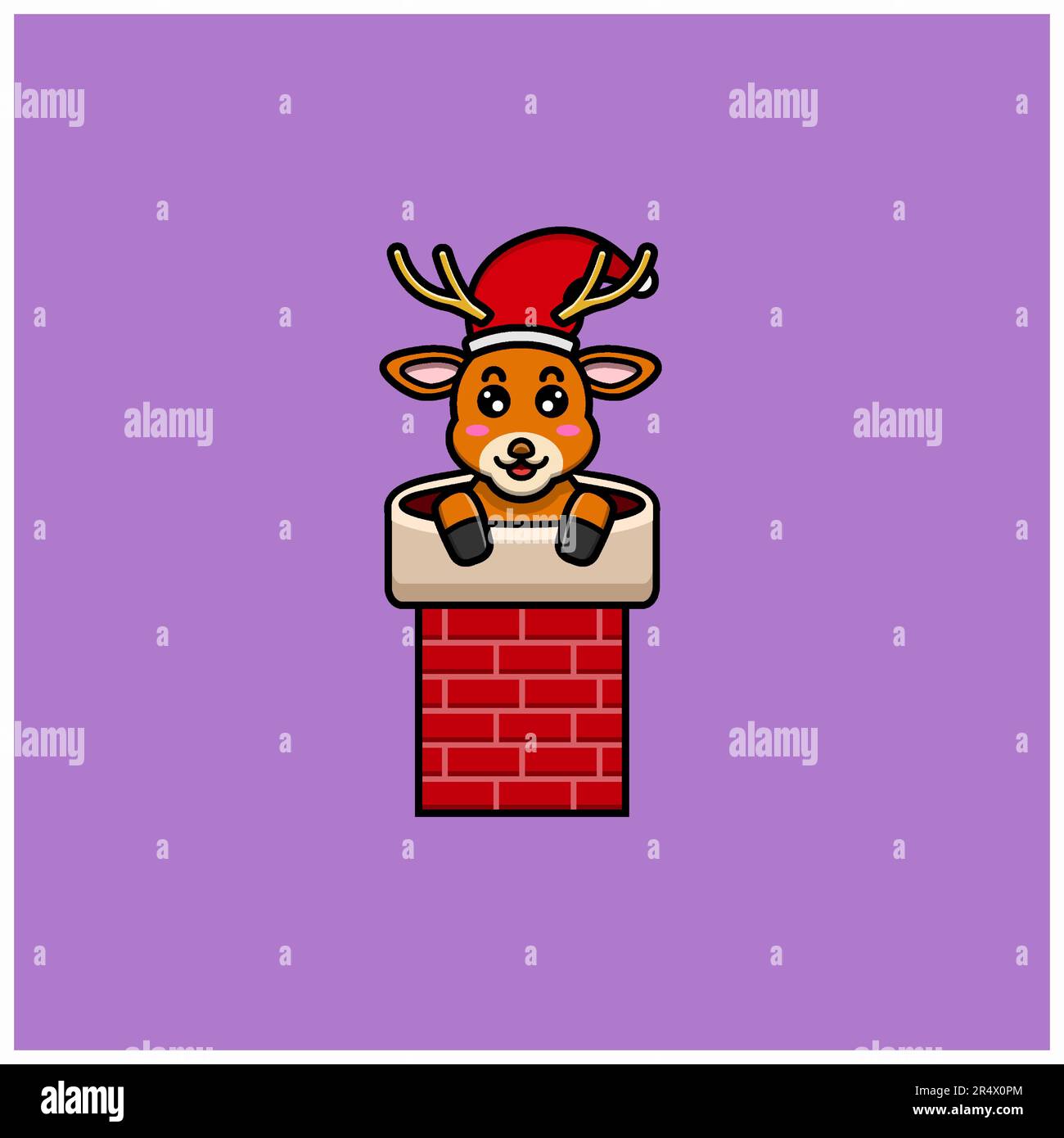 Süßes Baby Santa Deer Figur Auf Dem Hauskamin. Charakter, Maskottchen, Symbol und niedliches Design. Vektor und Illustration. Stock Vektor