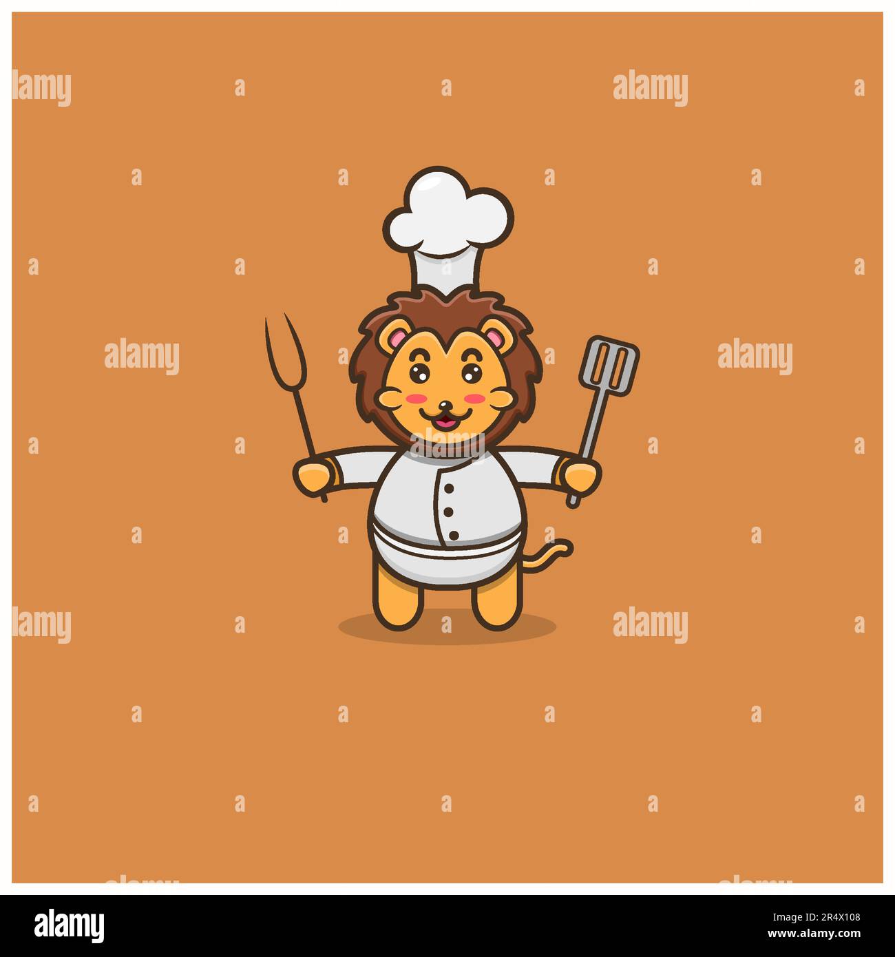 Süßer Löwenkoch. Figur, Maskottchen, Icon, Logo, Cartoon und niedliches Design. Vektor und Illustration. Stock Vektor