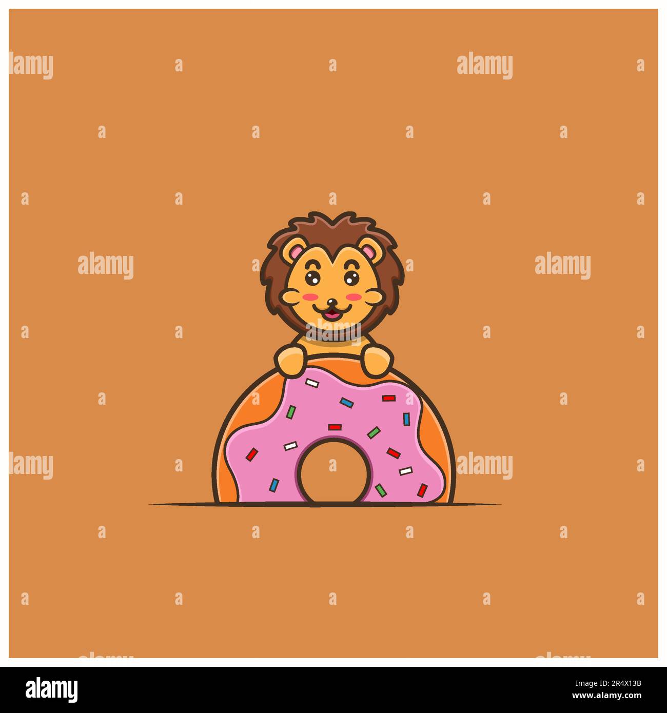 Süße Baby-Löwen-Donuts. Figur, Maskottchen, Icon, Logo, Cartoon und niedliches Design. Vektor und Illustration. Stock Vektor