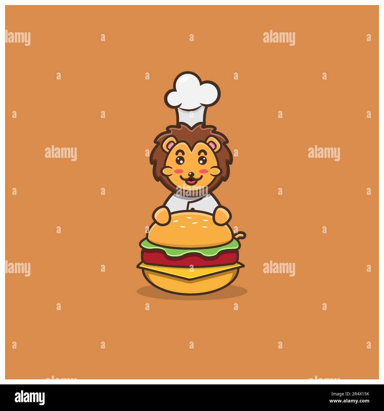 Süßer Löwenkoch Auf Burger. Figur, Maskottchen, Icon, Logo, Cartoon und niedliches Design. Vektor und Illustration. Stock Vektor