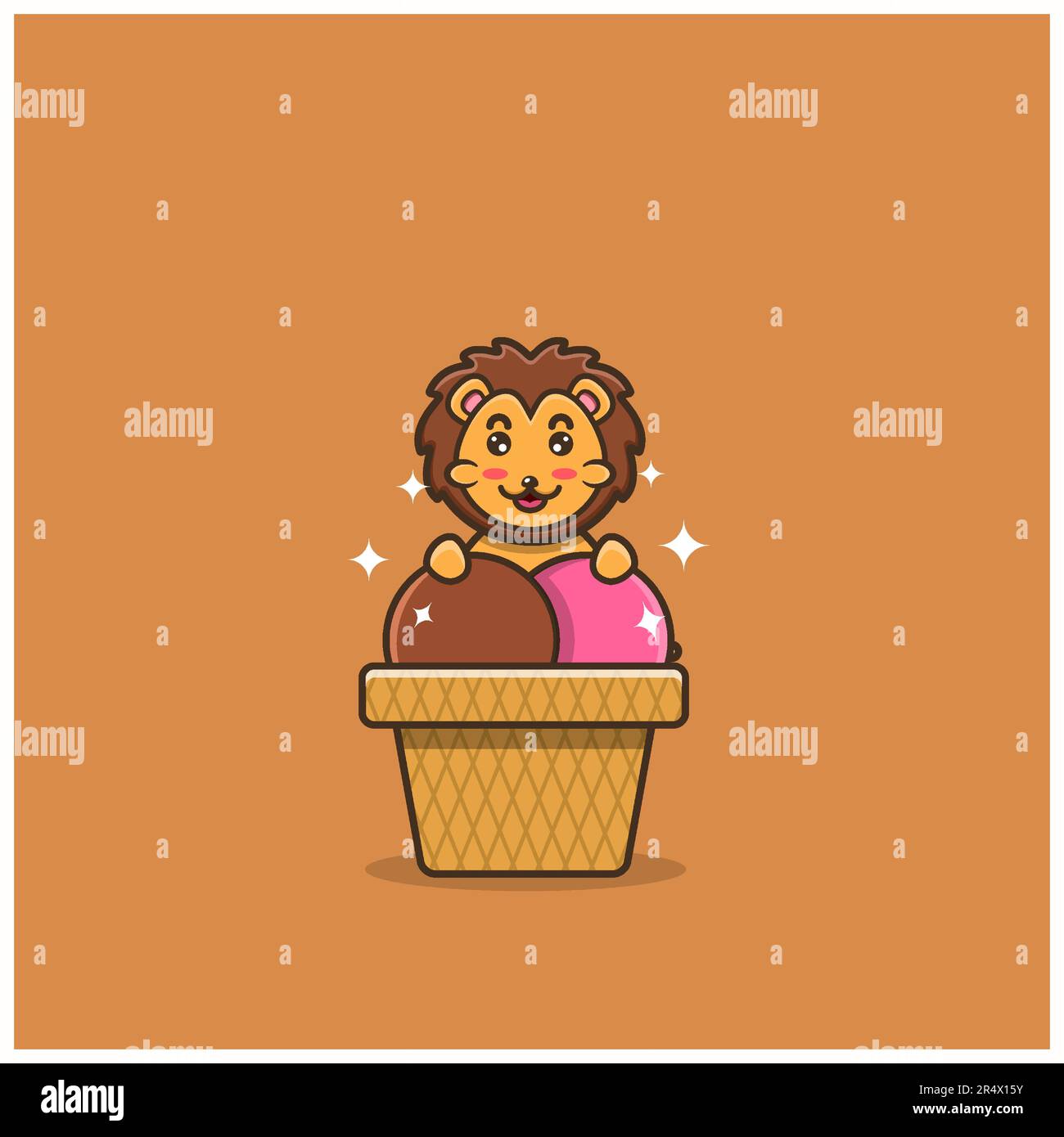 Süßes Baby-Löwen-Eis. Figur, Maskottchen, Icon, Logo, Cartoon und niedliches Design. Vektor und Illustration. Stock Vektor