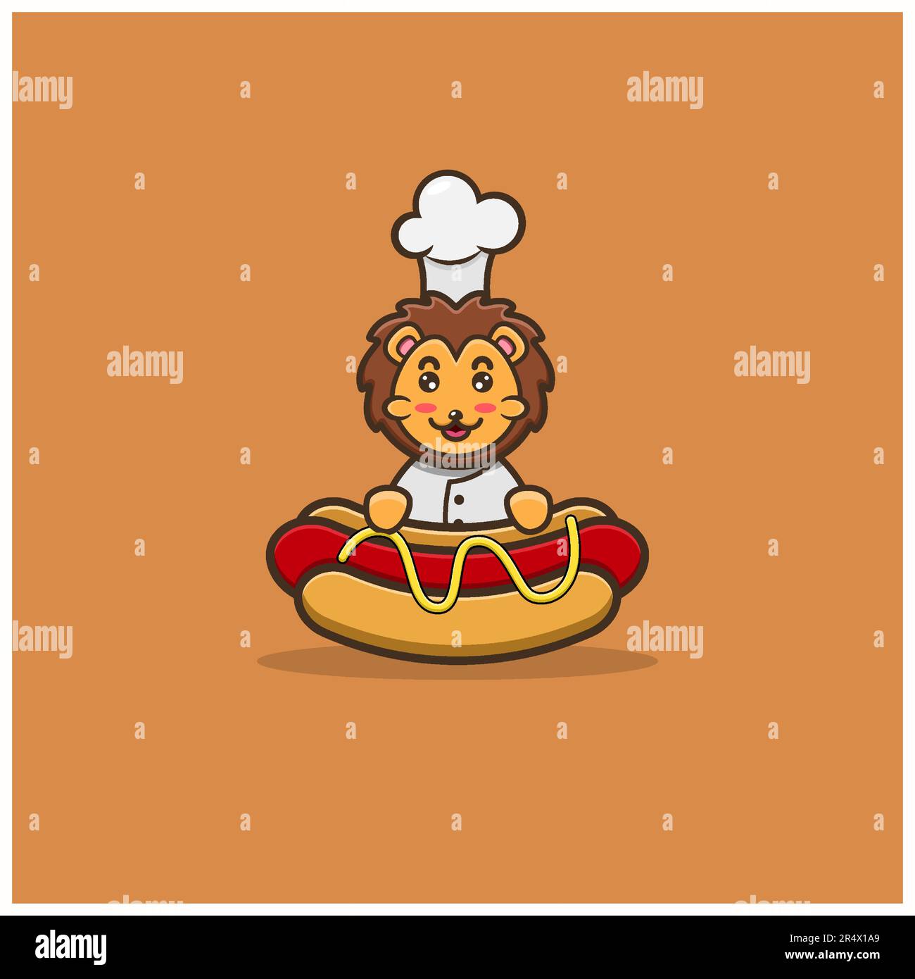 Süßer Löwenkoch Auf Hot Dog. Figur, Maskottchen, Icon, Logo, Cartoon und niedliches Design. Vektor und Illustration. Stock Vektor