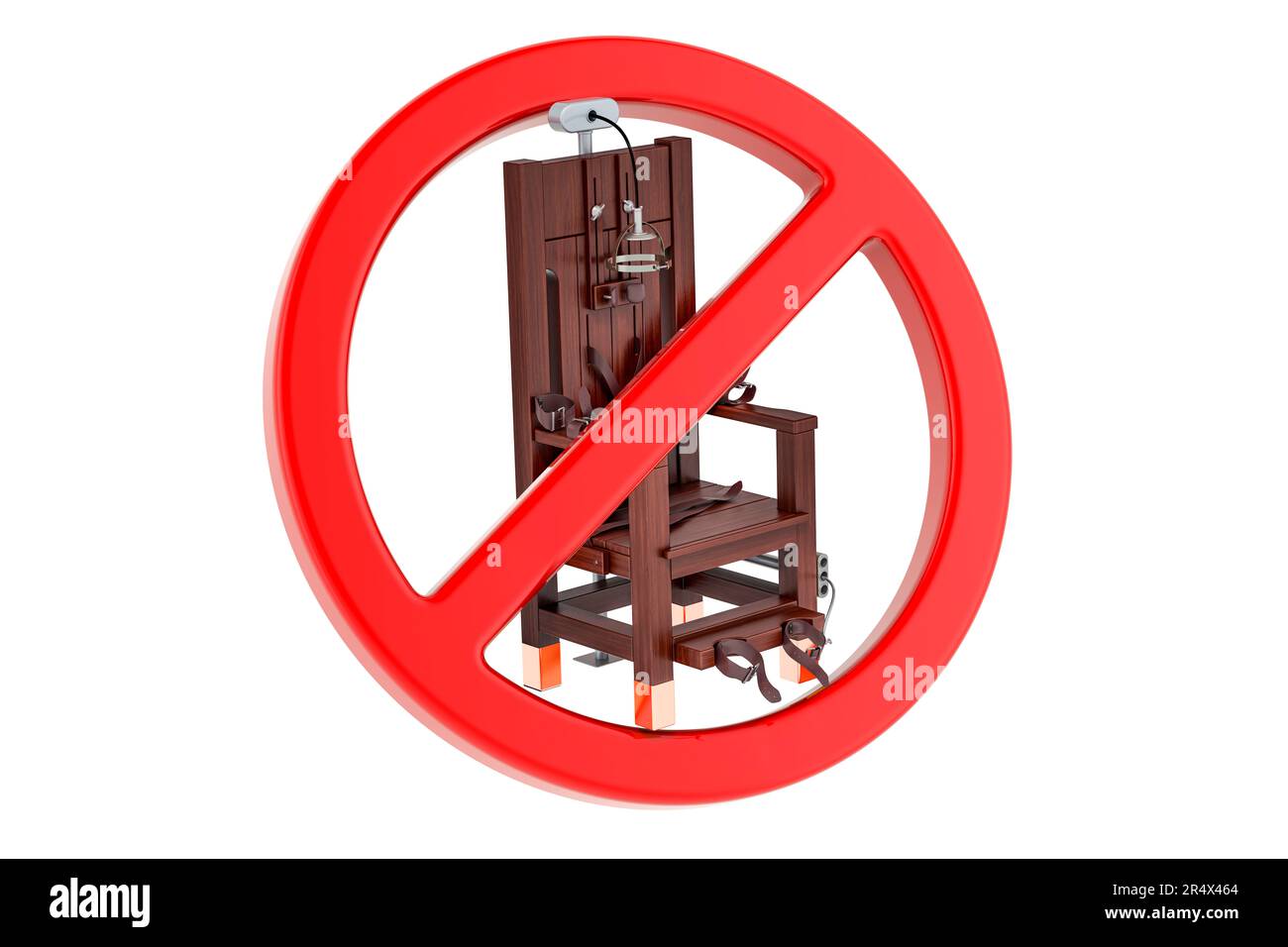 Elektrischer Stuhl mit Verbotssymbol, 3D-Rendering auf weißem Hintergrund isoliert Stockfoto