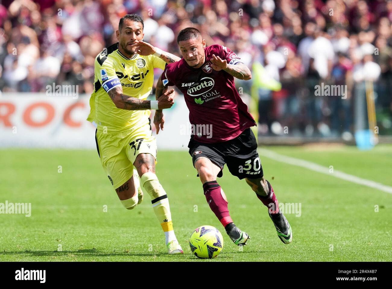 Pasquale Mazzocchi von US Salernitana und Roberto Pereyra von Udinese Calcio treten während des Spiels der Serie A zwischen US Salernitana und Ud um den Ball an Stockfoto