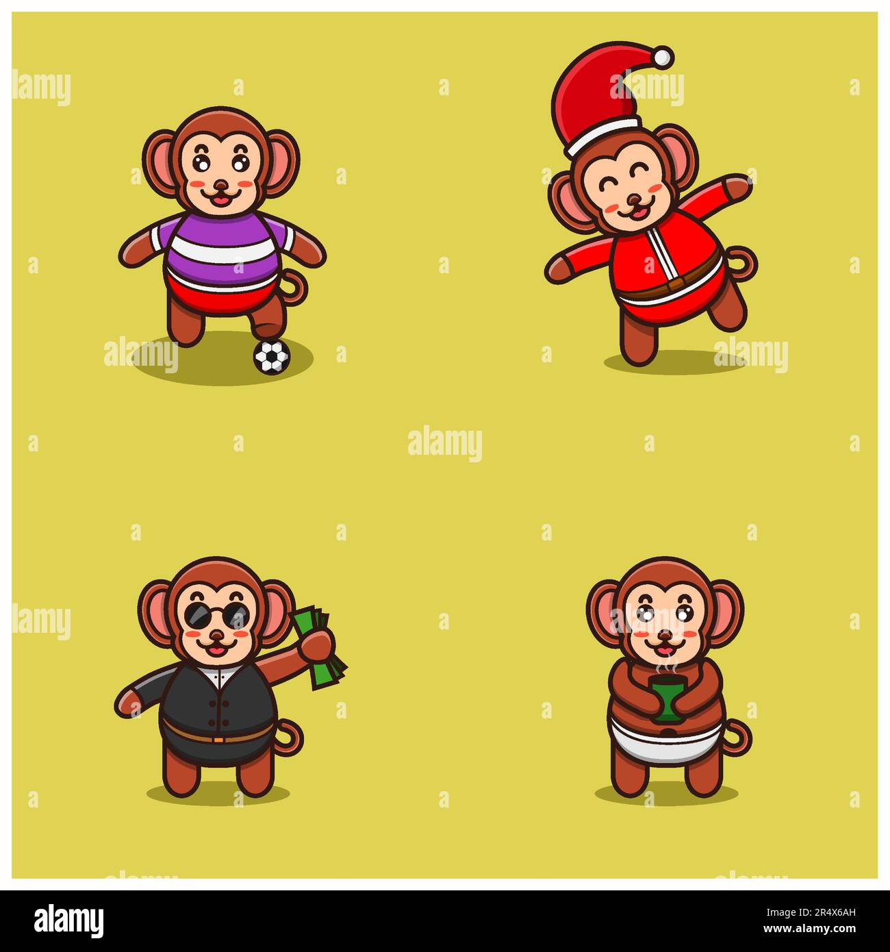 Set Aus Süßen Äffchen-Figuren Mit Verschiedenen Posen. Fußball, Weihnachten, Boss und Tee-Cup mitbringen. Vektor und Illustration. Stock Vektor