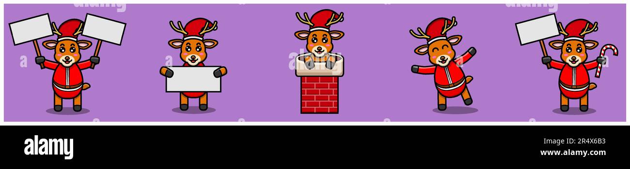 Set aus süßen Baby-Hirsch-Figuren mit Weihnachtsmannkostüm und verschiedenen Posen. Vektor und Illustration. Stock Vektor