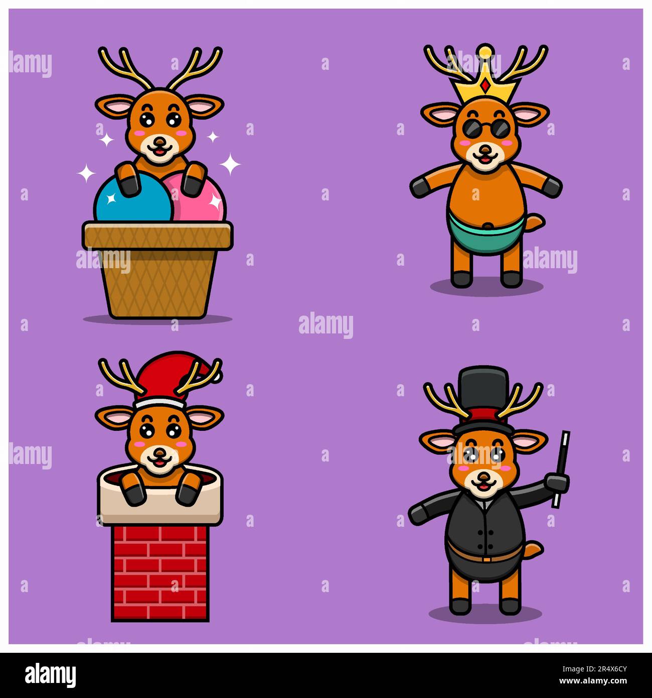 Set Aus Süßen Baby-Hirsch-Figuren Mit Verschiedenen Posen. Ice Cream, Chinmey, trägt Crown und Magier-Kostüm. Vektor und Illustration. Stock Vektor