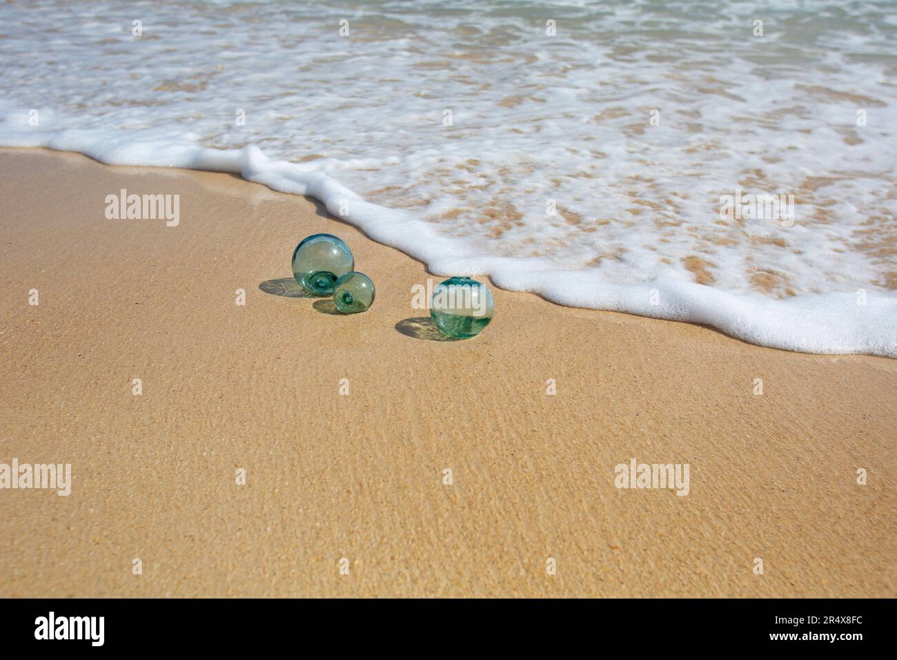 Drei japanische Fischkugeln (schwimmt) aus Glas auf dem nassen Sand des Strandes am schaumigen Wasserrand an der Nordküste von Maui Stockfoto