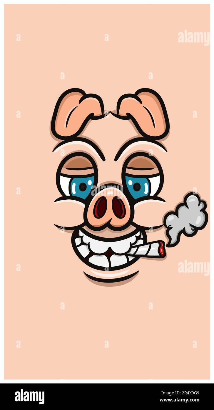 Cartoon witziges Schweinsgesicht und Rauchen für Hintergrund und Walpaper. Bildvektor Abschneiden. Vektor und Illustration Stock Vektor