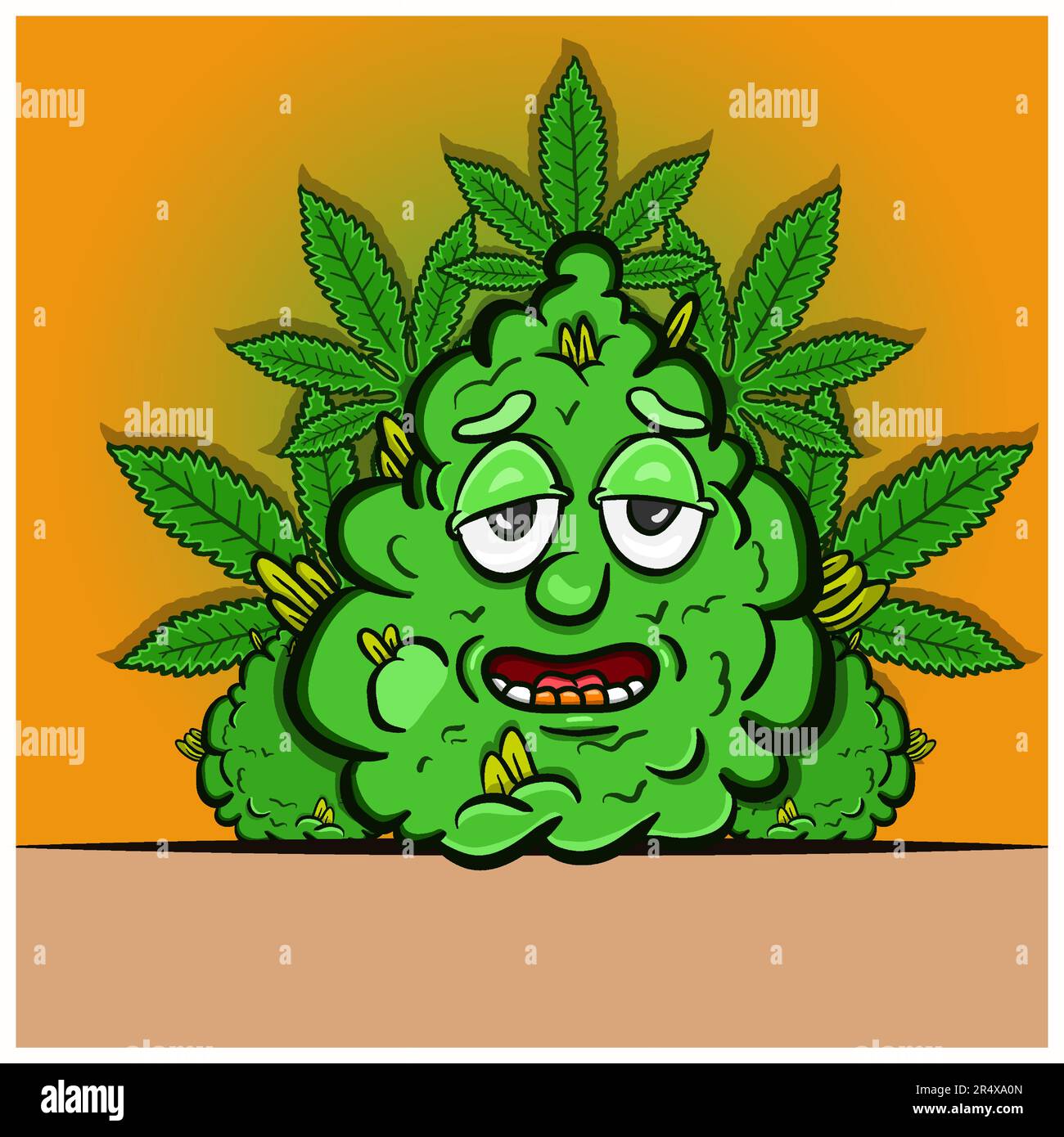 Maskottchen mit Marijuana-Cartoon und Cannabis-Hintergrund. Vektor-Clip-Art. Vektor und Illustration Stock Vektor