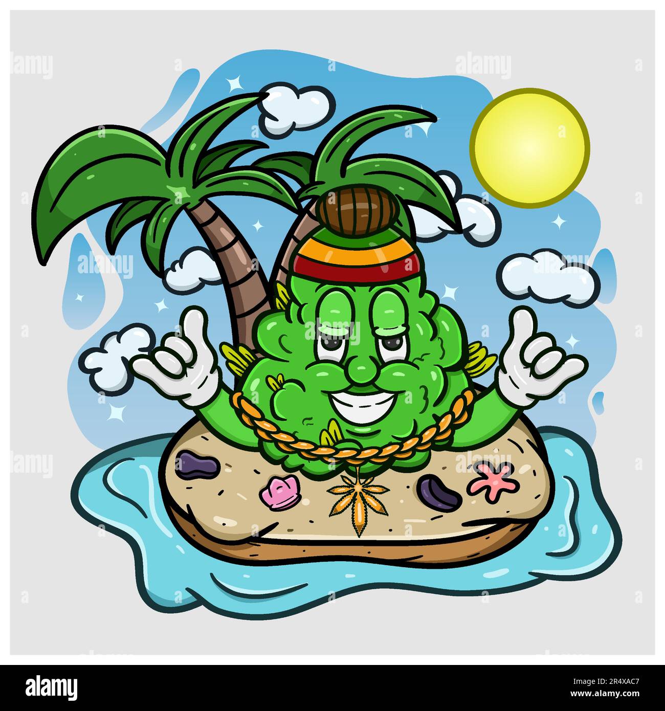 Cartoon-Maskottchen Aus Weed Bud Mit Reggae-Stil Auf Der Insel. Vektor Und Illustration Stock Vektor