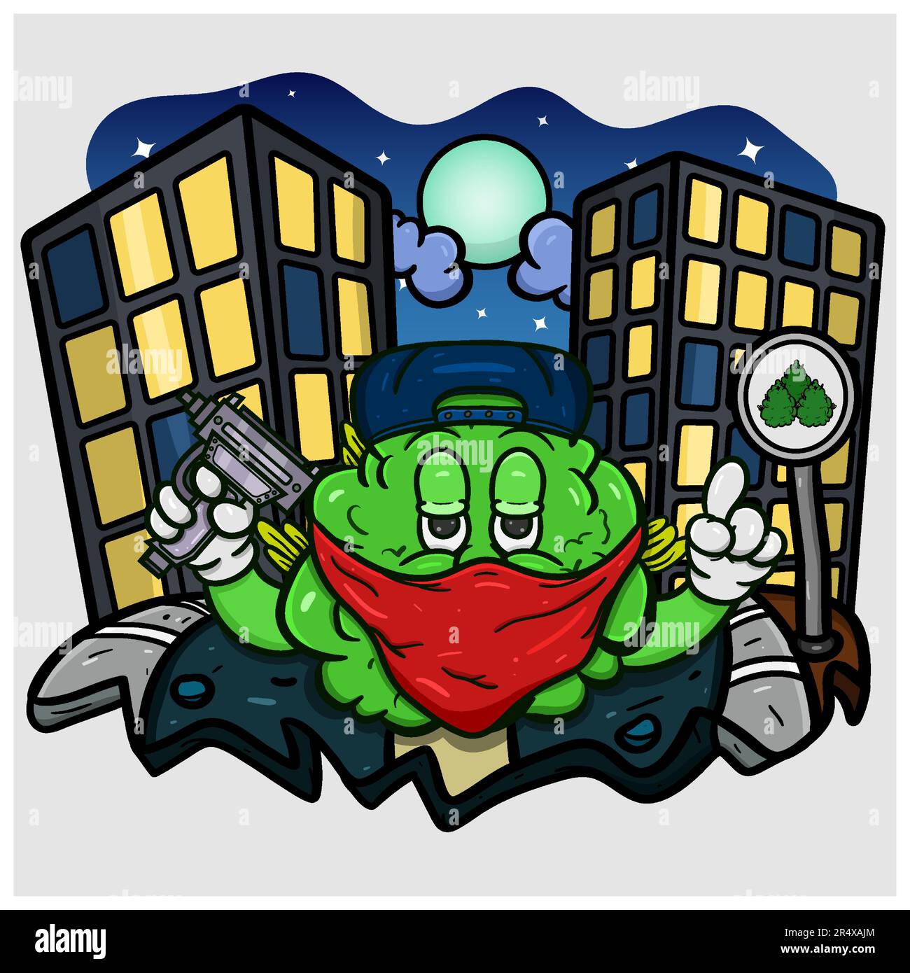 Cartoon-Maskottchen aus Weed Bud mit Pistole und Mafia-Stil in Night City. Vektor Und Illustration Stock Vektor