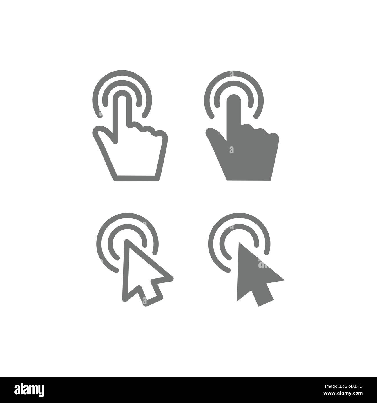 Mauszeiger und Pfeil klicken auf Linie und Füllvektor Symbolsatz. Klicken Sie mit dem Cursor auf die Umrisssy Stock Vektor