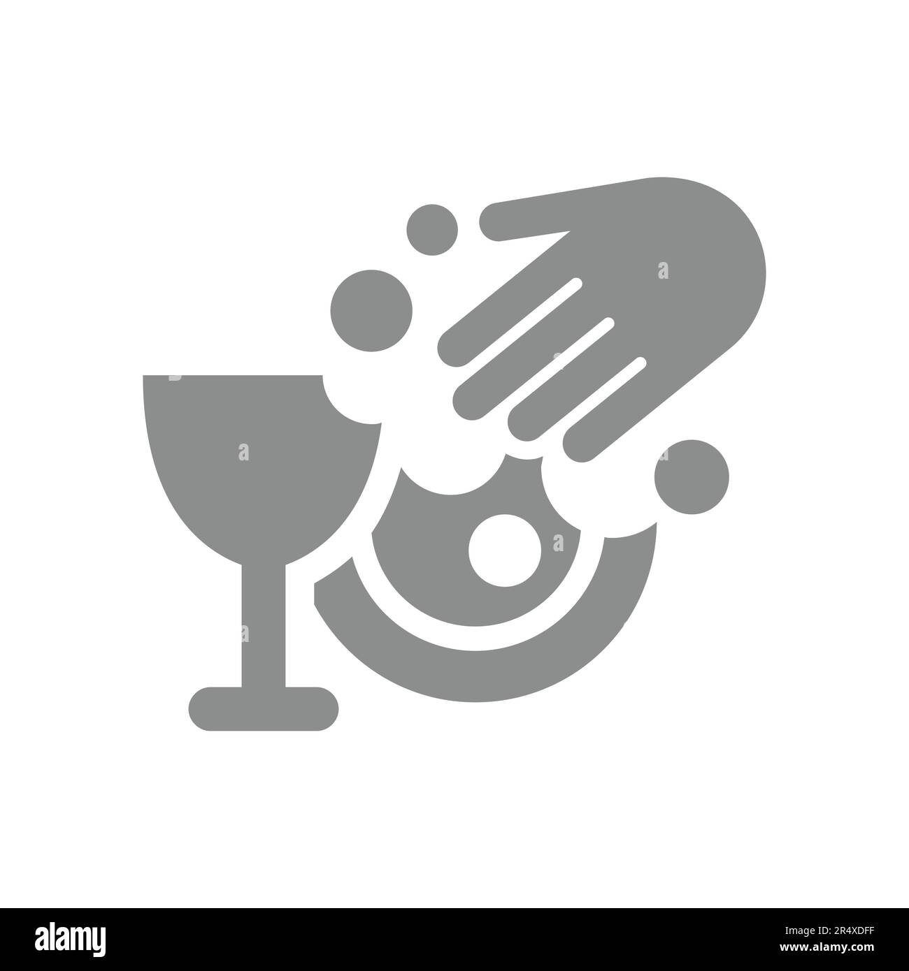 Vektorsymbol für Handwaschgeschirr. Schale, Teller und Glas mit Seifenblasenreinigung. Stock Vektor