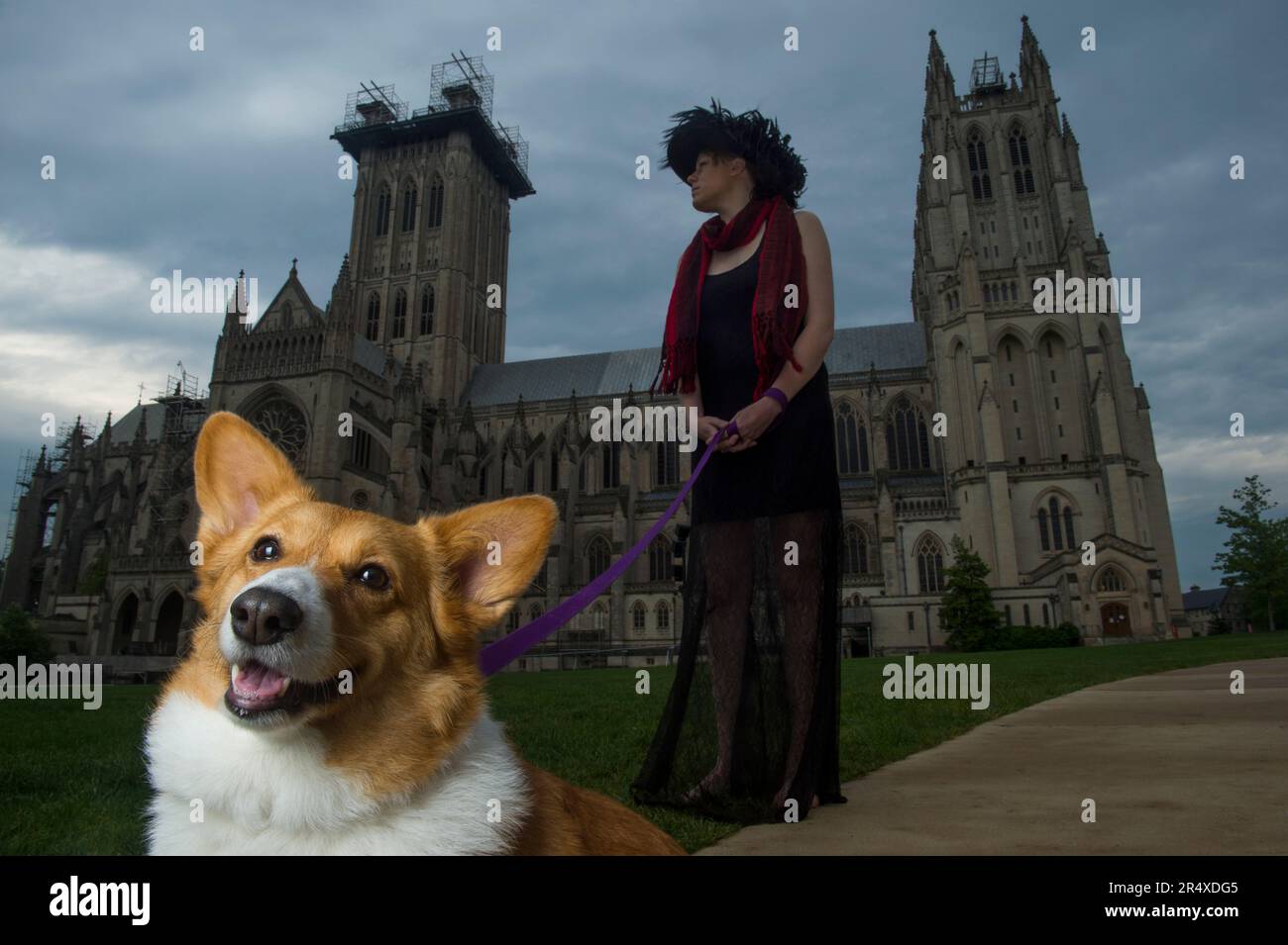 Junge Frau und ein Hund vor der Washington National Cathedral in Washington, DC, USA; Washington, District of Columbia, Vereinigte Staaten von Amerika Stockfoto