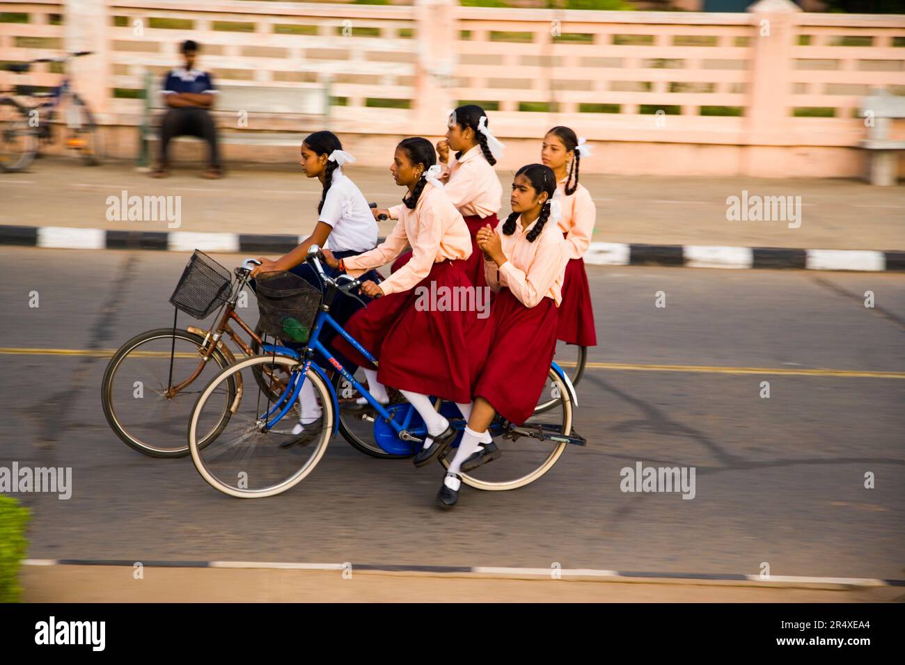 Schulmädchen, die Fahrrad fahren; Puducherry, Tamil Nadu, Indien Stockfoto