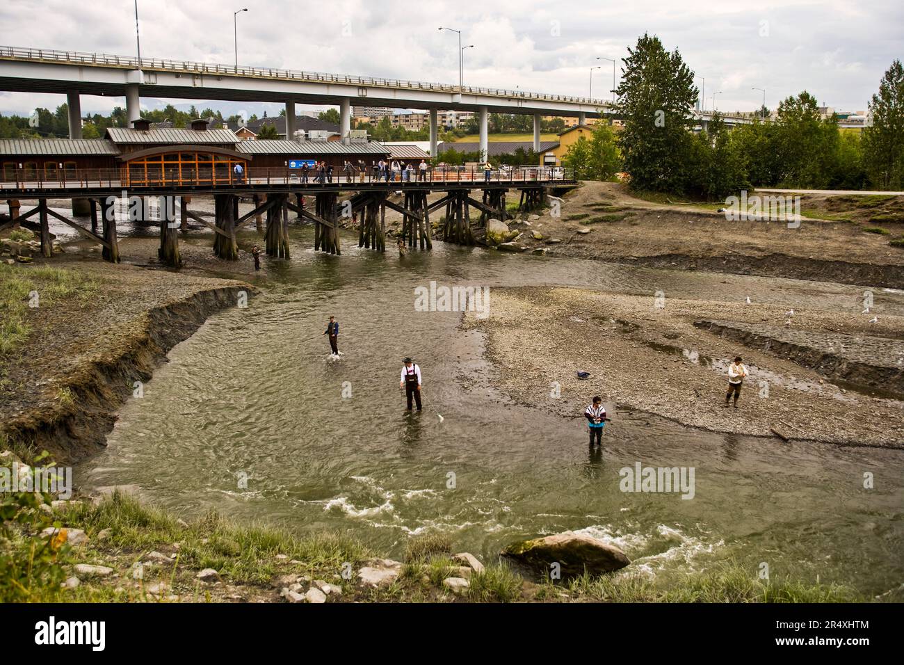 Angeln auf Silberlachs in Ship Creek, Alaska, USA; Anchorage, Alaska, Vereinigte Staaten von Amerika Stockfoto