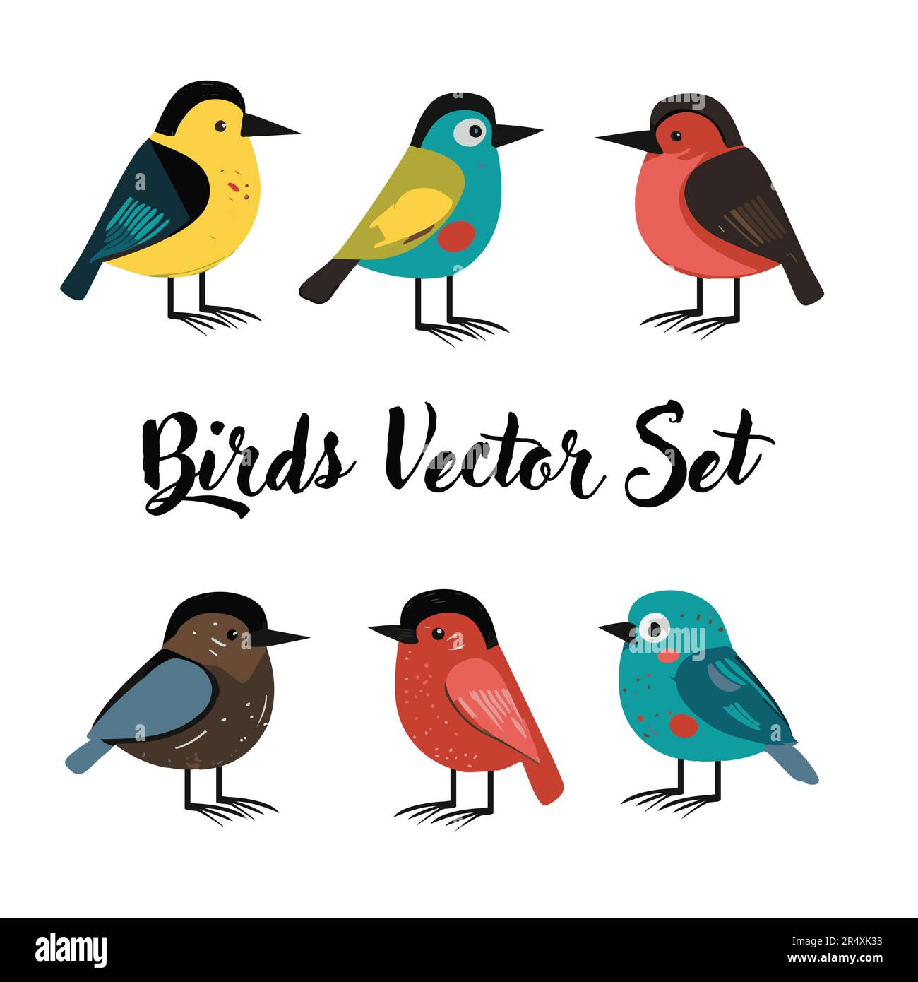 Eine Gruppe von Sommervögeln. Vektorzeichentrickfilm im kindischen Stil. Verschiedene Vögel auf weißem Hintergrund Stock Vektor