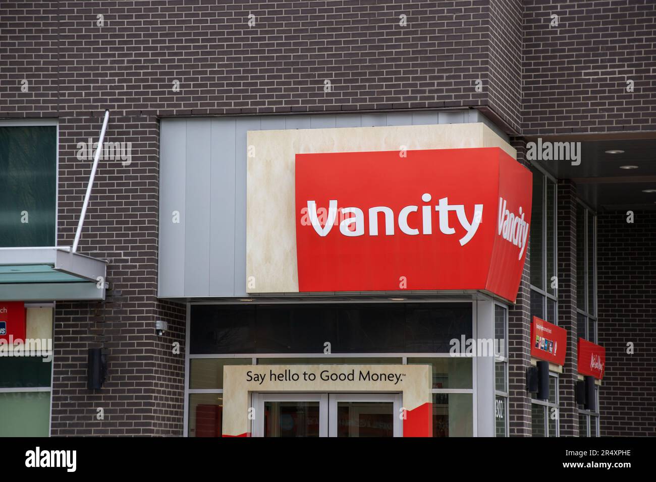 Ein Zeichen von Vancity (Vancouver City Savings Credit Union). Vancity ist eine Finanzgenossenschaft in Mitgliederbesitz mit Sitz in Vancouver, BC Stockfoto