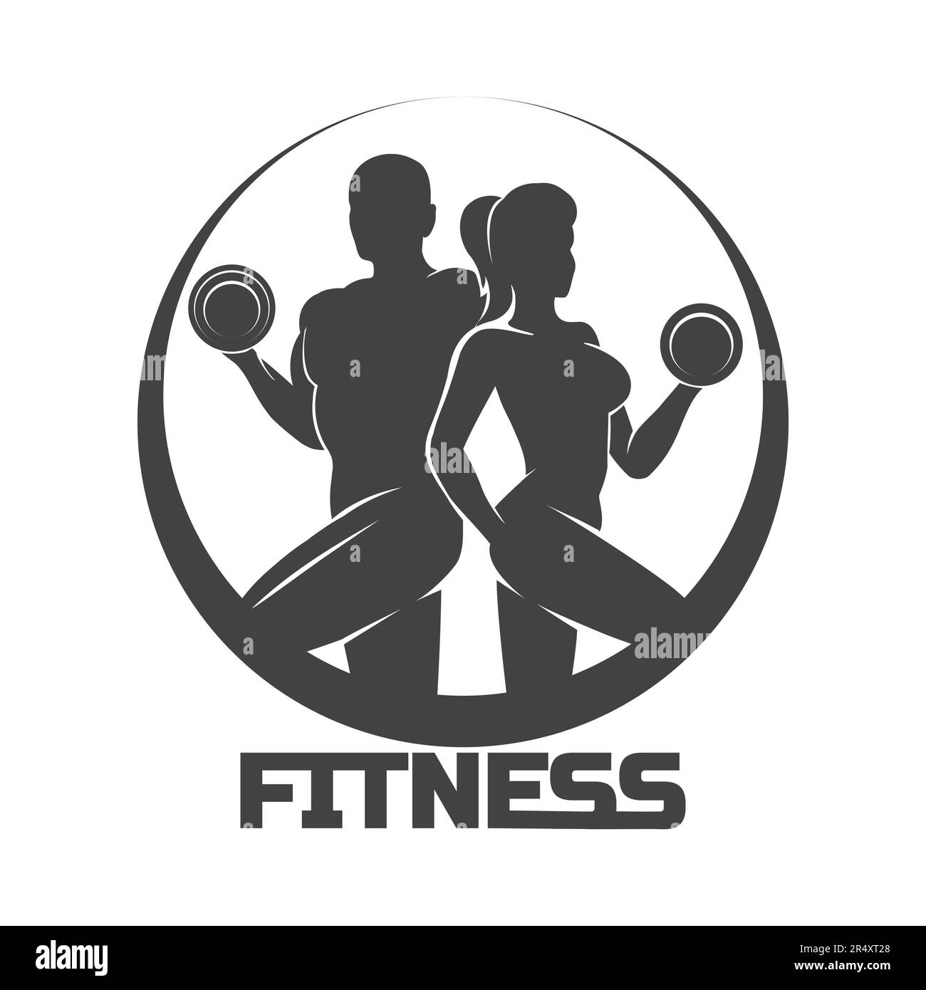 Athletic oder Fitness Club Logo Bodybuilder Gym Woman and man mit Kurzhanteln isoliert auf Weiß. Vektordarstellung Stock Vektor