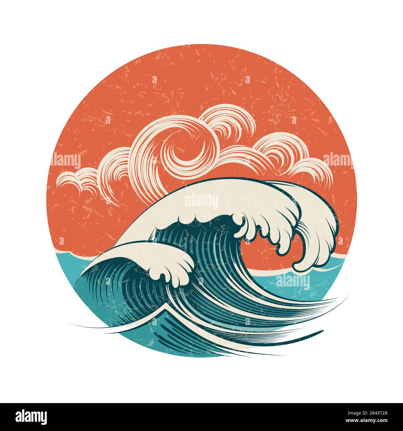 Oldtimer Ocean Wave Stormy Summer Surf Sunset Retro Designvorlage isoliert auf Weiß. Vektordarstellung Stock Vektor
