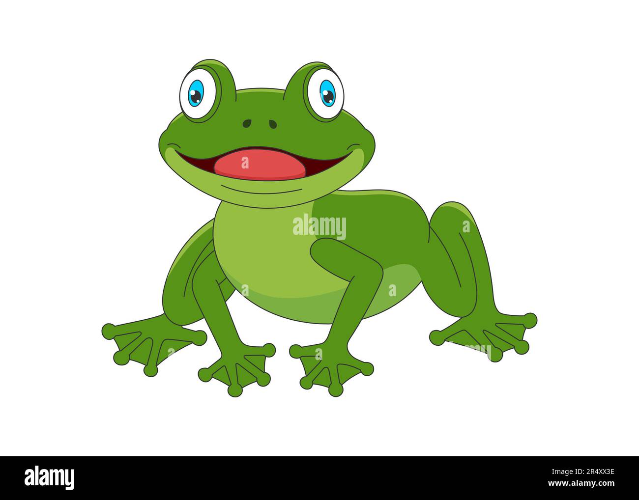 Süßer Zeichentrickfilm, lustiger grüner Frosch mit großen Augen und breitem Mund. Eine nette, lächelnde Baby-Amphibien-Figur. Kreativer grafischer handgezeichneter Aufdruck. Vektor-eps-Darstellung Stock Vektor