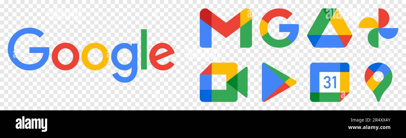 Gruppe von google-Services-Produkten. Editorial Vektorsymbole isoliert auf transparentem Hintergrund Stock Vektor
