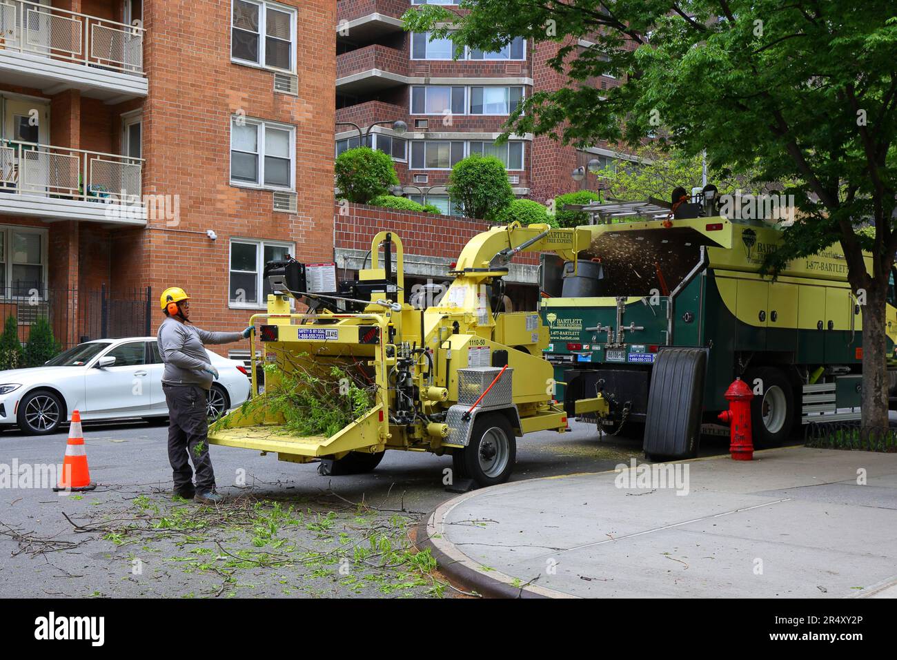 Ein Arbeiter betreibt einen Bandit Intimidator 15XP-Holzhäcksler mit Dieselkraftstoff, der kleine Zweige füttert, die nahrhaftes ramial-gehacktes Holz zum Mulchen herstellen. Stockfoto