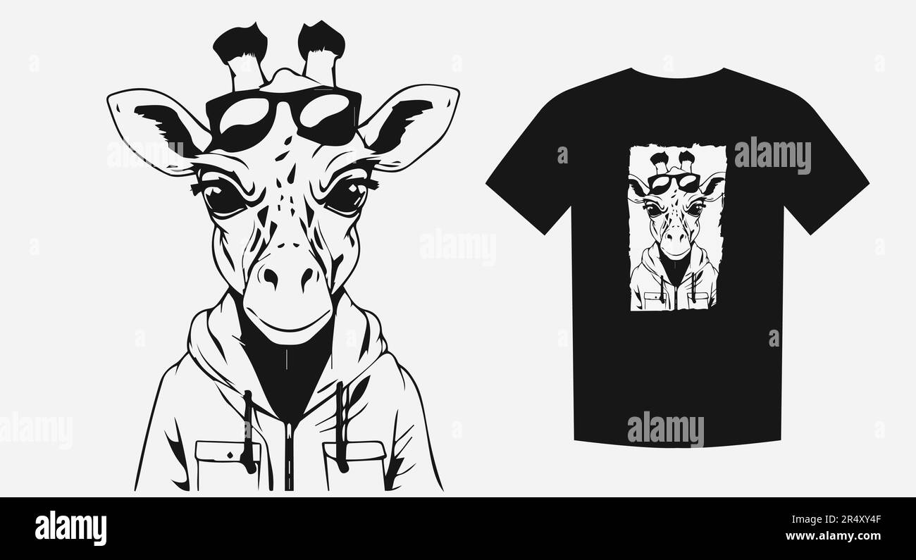 Elegantes Hipster-Giraffen-Porträt im monochromen Cartoon-Stil. Perfekt für Kleidung, Logos und Drucke. Skurril und trendig. Vektordarstellung. Stock Vektor