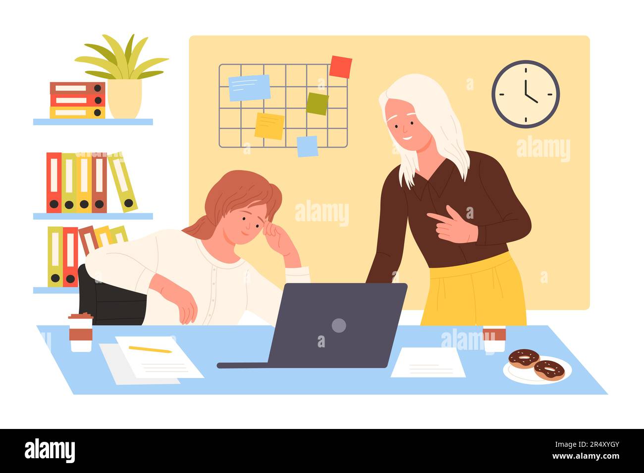 Geschäftsgespräch zweier Mitarbeiter über eine Vektordarstellung für Bürobesprechungen. Cartoon-Frauen teilen Ideen und Projekte am Arbeitsplatz, Frau sitzt am Schreibtisch mit einem Laptop und spricht mit einem Kollegen Stock Vektor