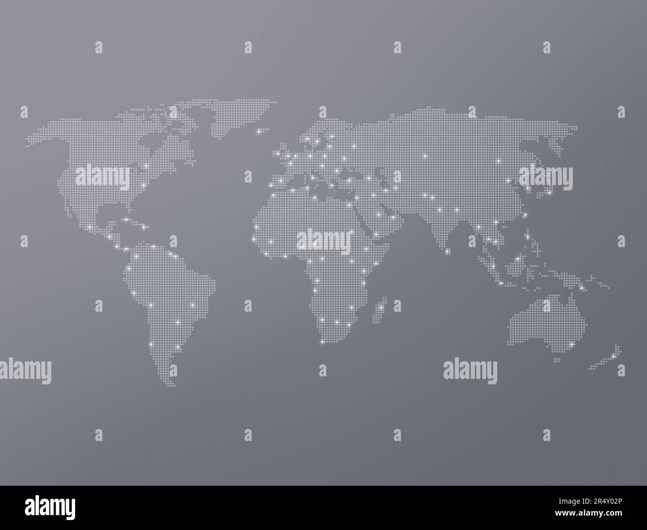 Gepunktete Rasterkarte mit vielen hervorgehobenen Hauptstädten auf grauem Hintergrund. Moderne und saubere Weltkarte in Schwarz-Weiß. Stockfoto