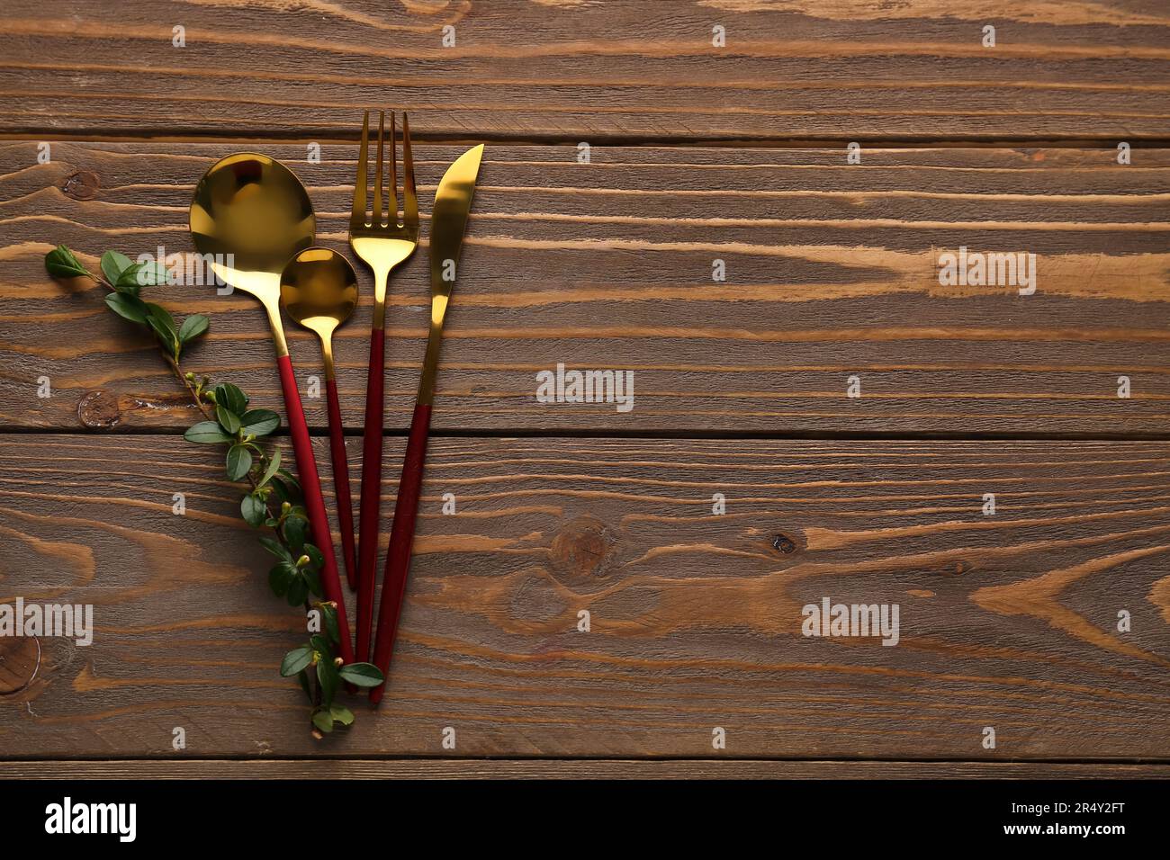 Goldenes Besteck mit rotem Griff und Kokosasterzweig auf Holzhintergrund Stockfoto