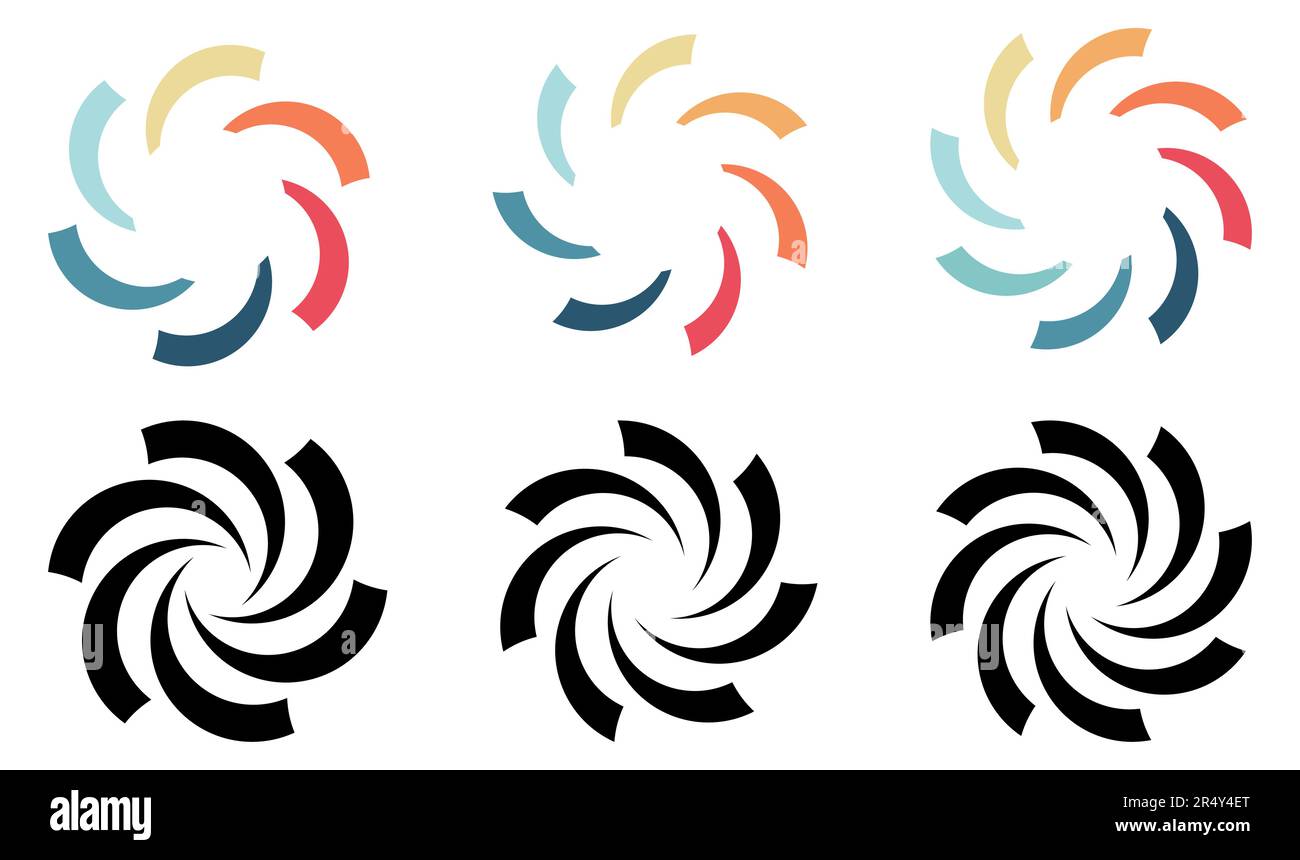 Kreisförmige Bogenschnitte in größerer Runde, die Wirbel- oder Lüfterflügel bilden, wie Symbol, Version mit sechs bis acht Elementen Stock Vektor