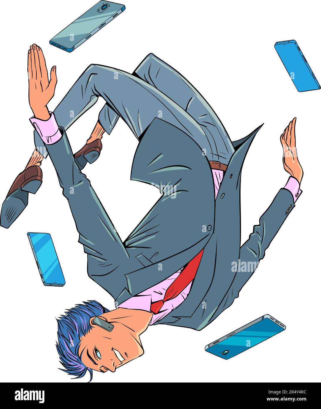 Multimedia-Technologien. Funktionen der mobilen App. Erweiterung der Telefonfunktionen. Ein Mann im Anime-Stil schwebt zwischen den Telefonen. Pop Art Retro Stock Vektor