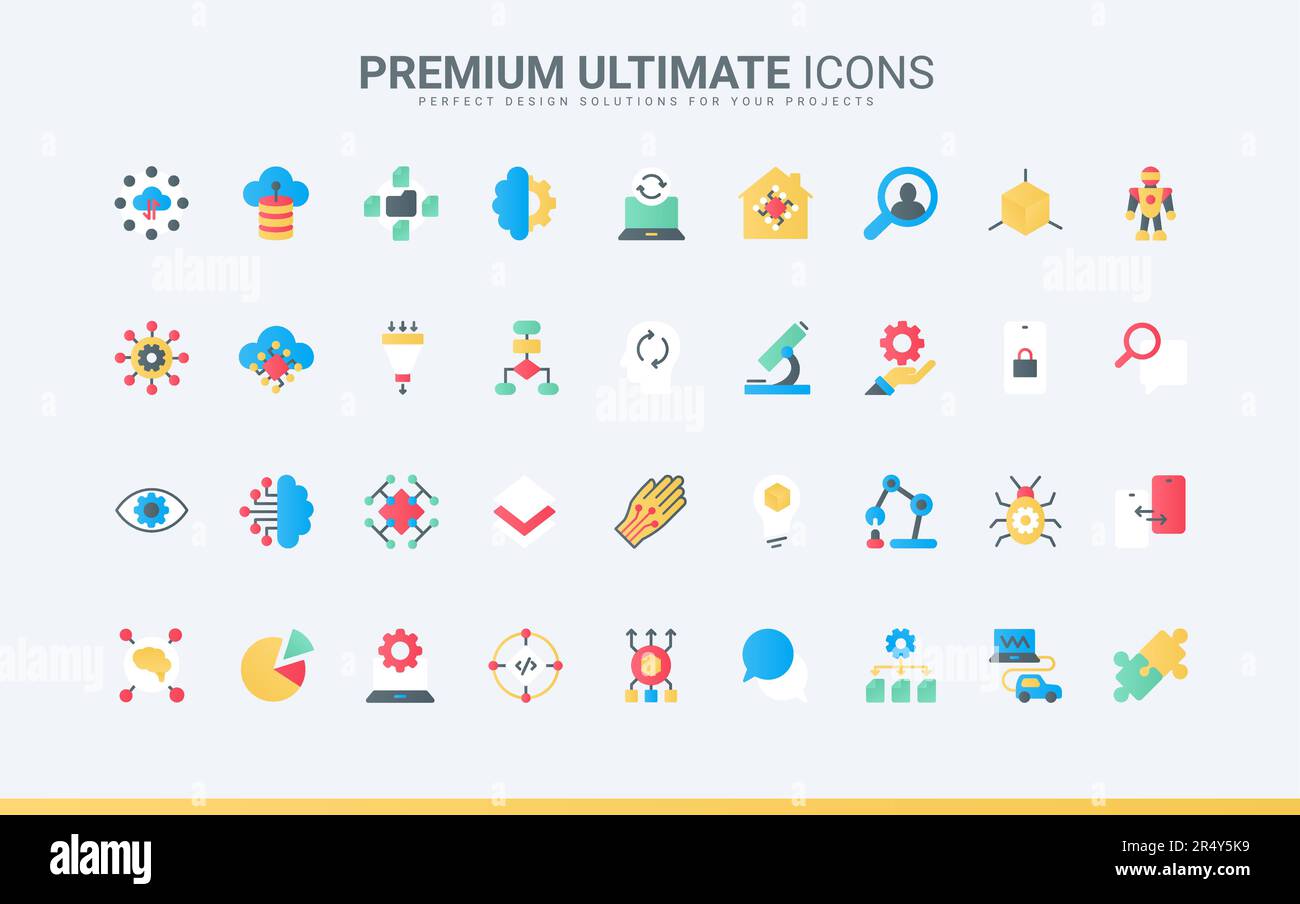 Digitales Gehirn von bot und automatisiertem maschinellem Lernen, Science Future Technology und Automation Netzwerkprozess, elektronisches Smart-Tech-System. Moderne flache KI-Symbole stellen die Vektordarstellung ein Stock Vektor