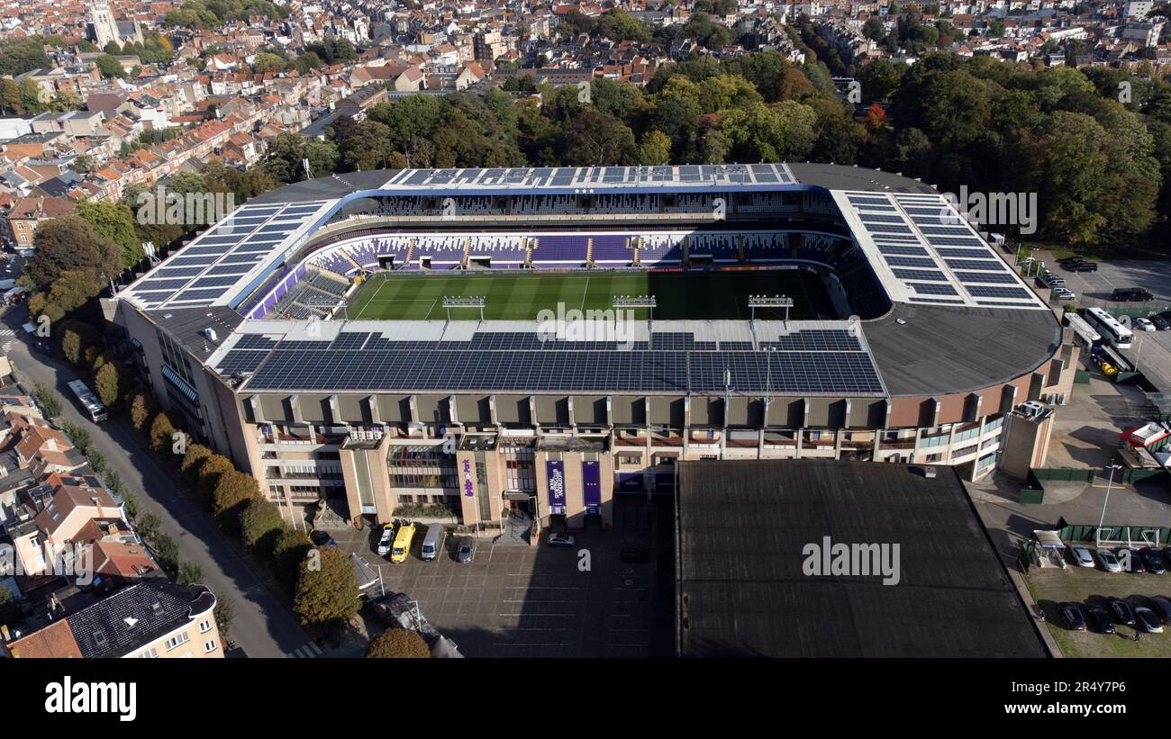 Der Lotto Park aus der Vogelperspektive (als Sponsoring), Anderlecht, Brüssel, Belgien, Heimat des RSC Anderlecht. Es ist auch bekannt als Constant Vanden Stock Stadium. Früher auch Emile Versé Stadium genannt Stockfoto