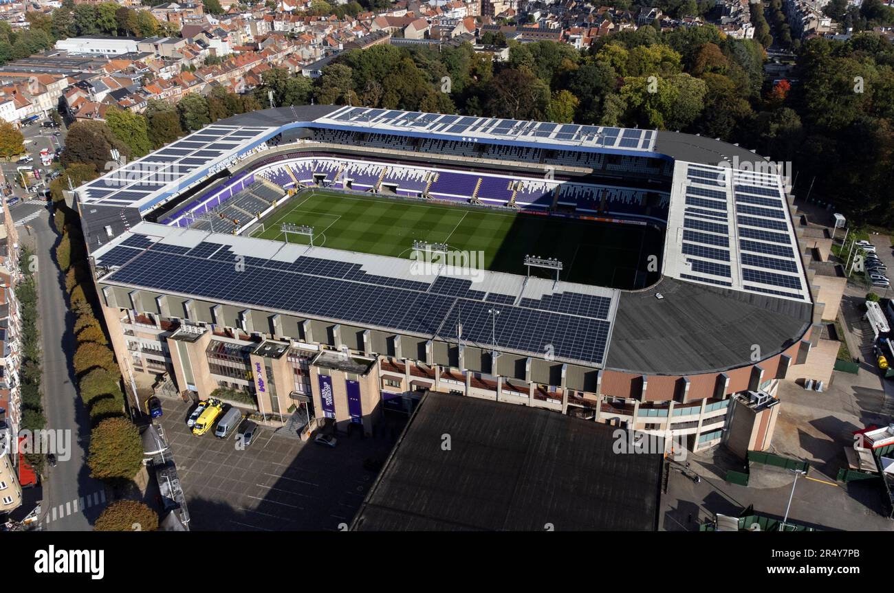 Der Lotto Park aus der Vogelperspektive (als Sponsoring), Anderlecht, Brüssel, Belgien, Heimat des RSC Anderlecht. Es ist auch bekannt als Constant Vanden Stock Stadium. Früher auch Emile Versé Stadium genannt Stockfoto