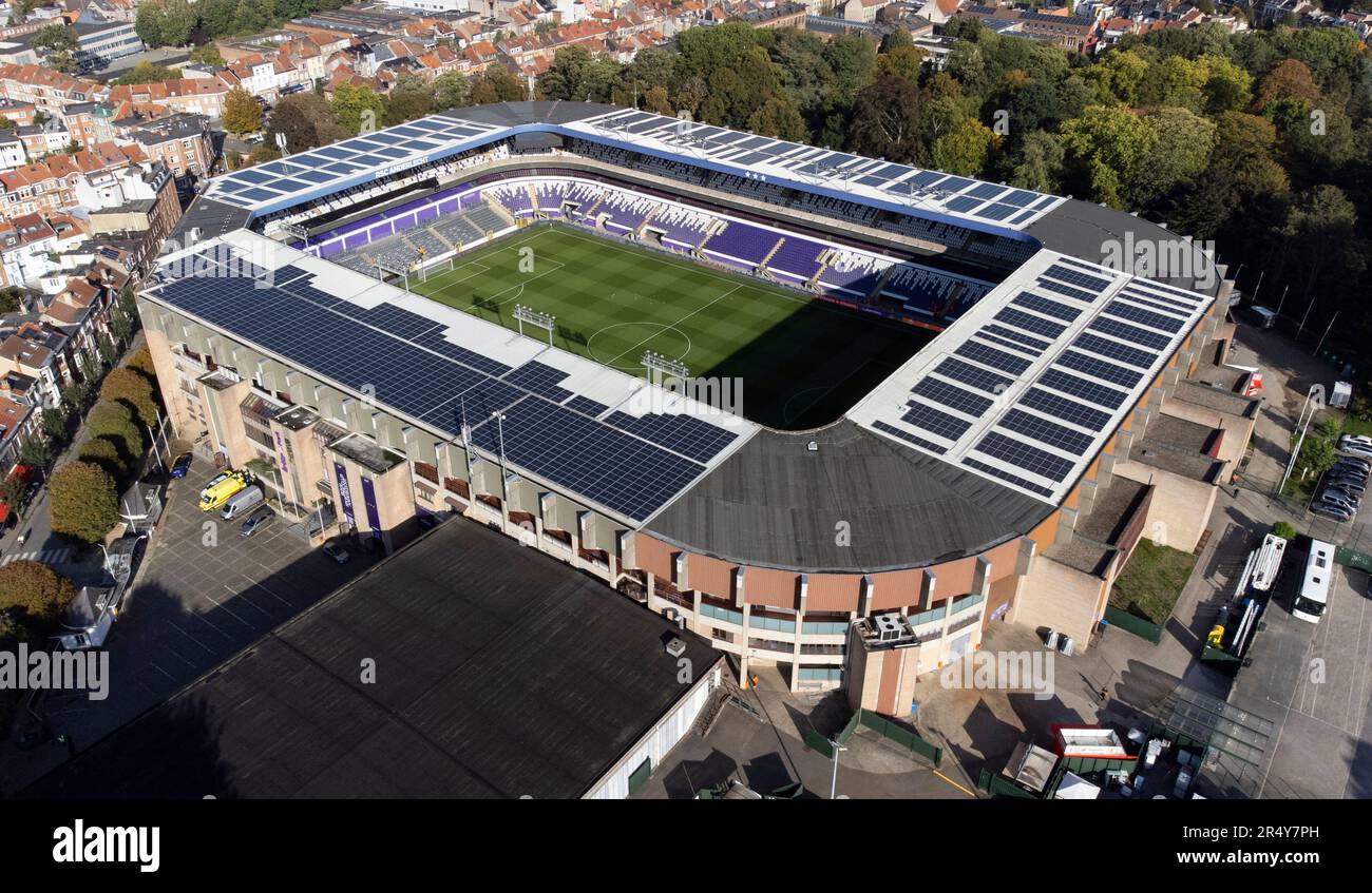 Der Lotto Park aus der Vogelperspektive (als Sponsoring), Anderlecht, Brüssel, Belgien, Heimat des RSC Anderlecht. Es ist auch bekannt als Constant Vanden Stock Stadium. Früher auch Emile Versé Stadium genannt Stockfoto