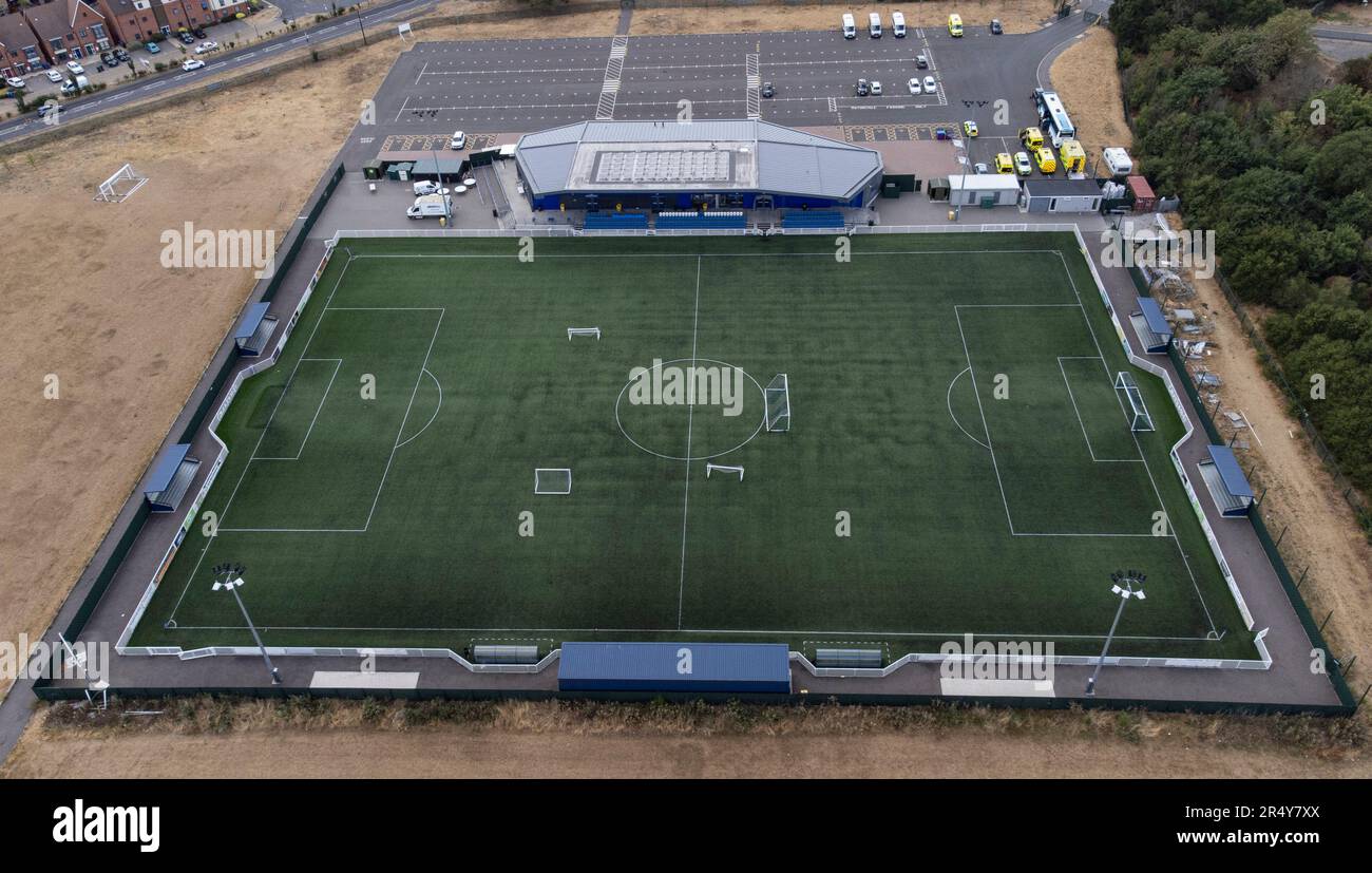 Blick aus der Vogelperspektive auf Parkside, Heimat des Aveley FC. Stockfoto