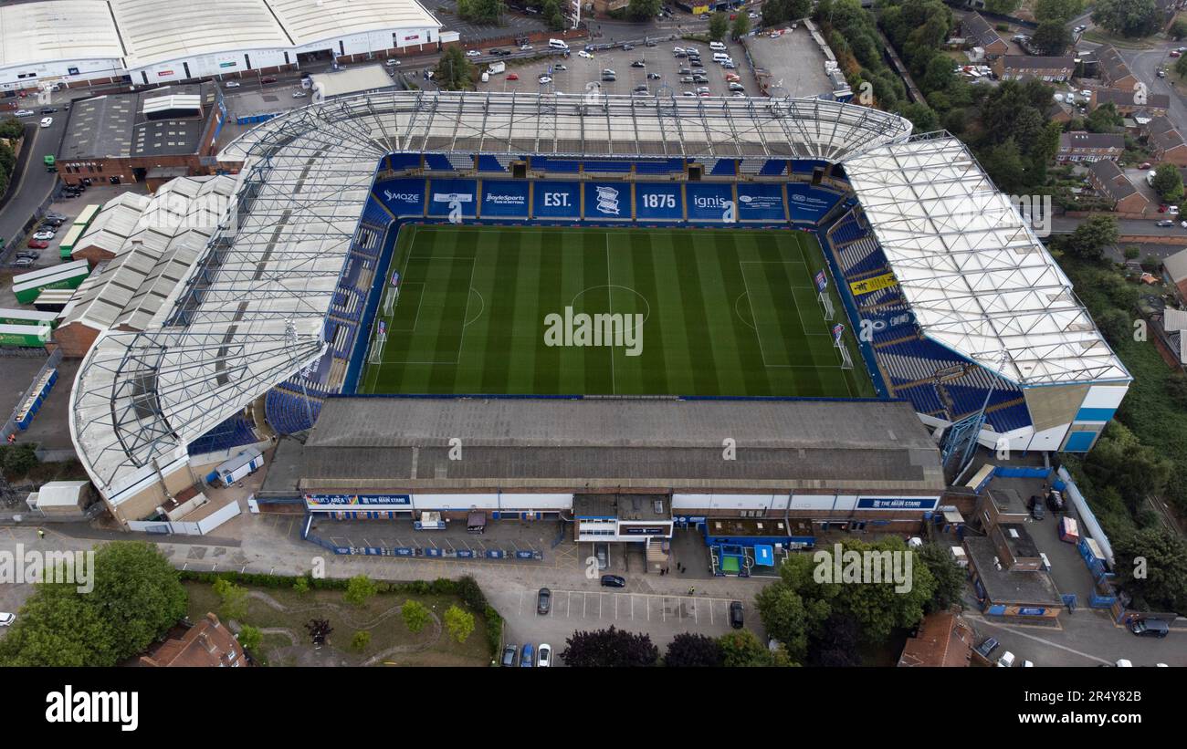 Blick aus der Vogelperspektive auf St. Andrews, Heimstadion des Birmingham City FC. Stockfoto