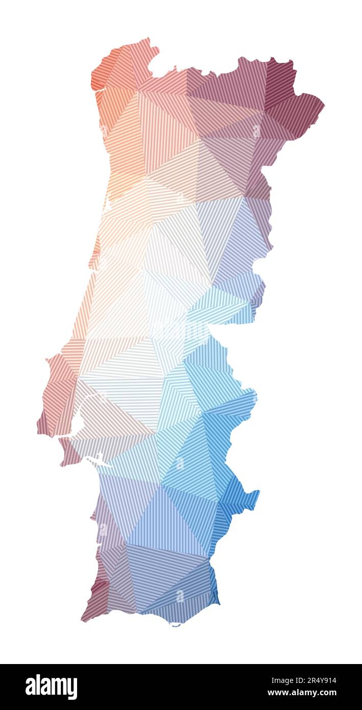 Karte von Portugal. Niedrige Poly-Darstellung des Landes. Geometrisches Design mit Streifen. Technologie, Internet, Netzwerkkonzept. Vektordarstellung. Stock Vektor