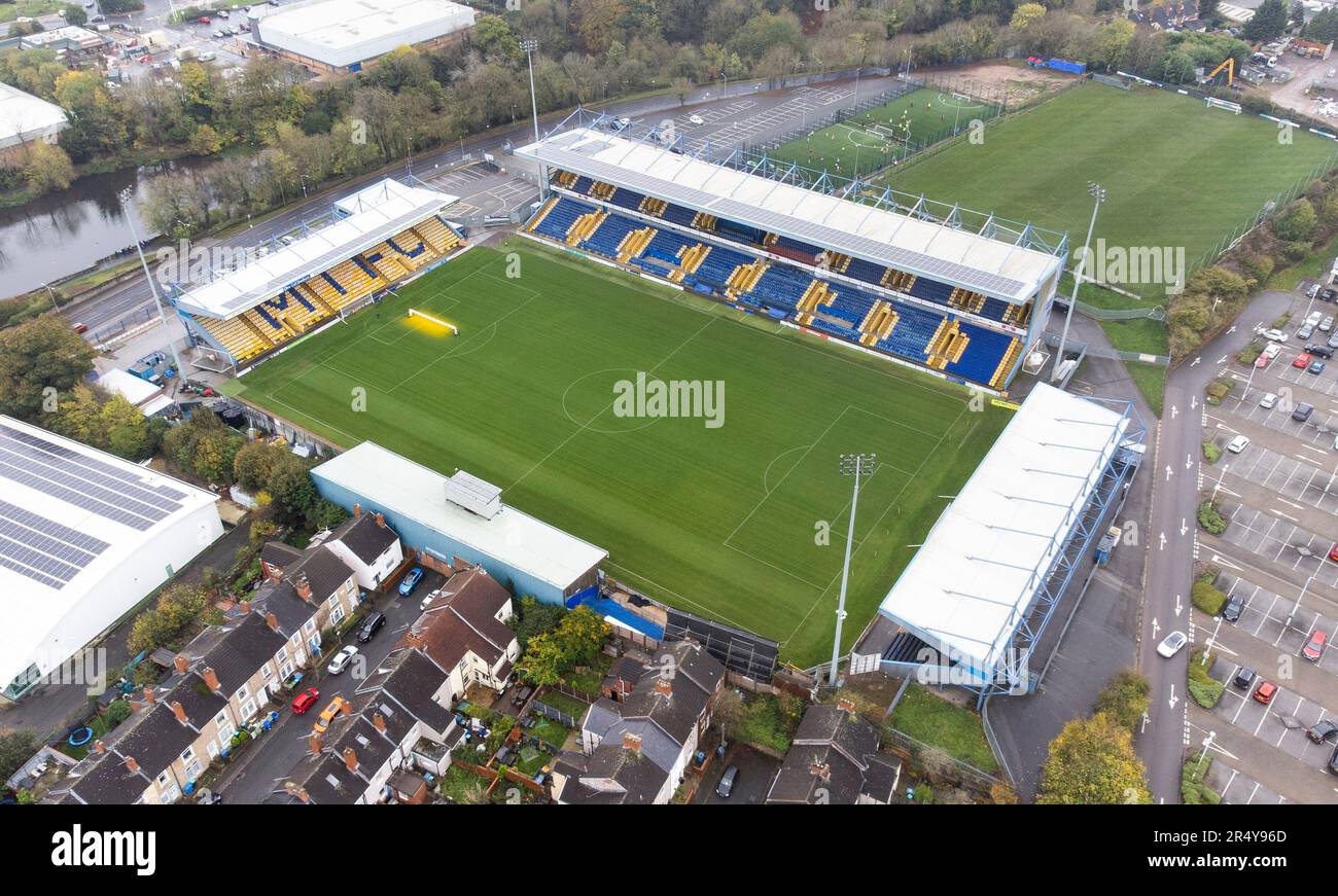 Luftaufnahme des One Call Stadions (für Sponsoring), Heimstadion des Mansfield Town FC. Sie wird gemeinhin als Feldmühle bezeichnet Stockfoto