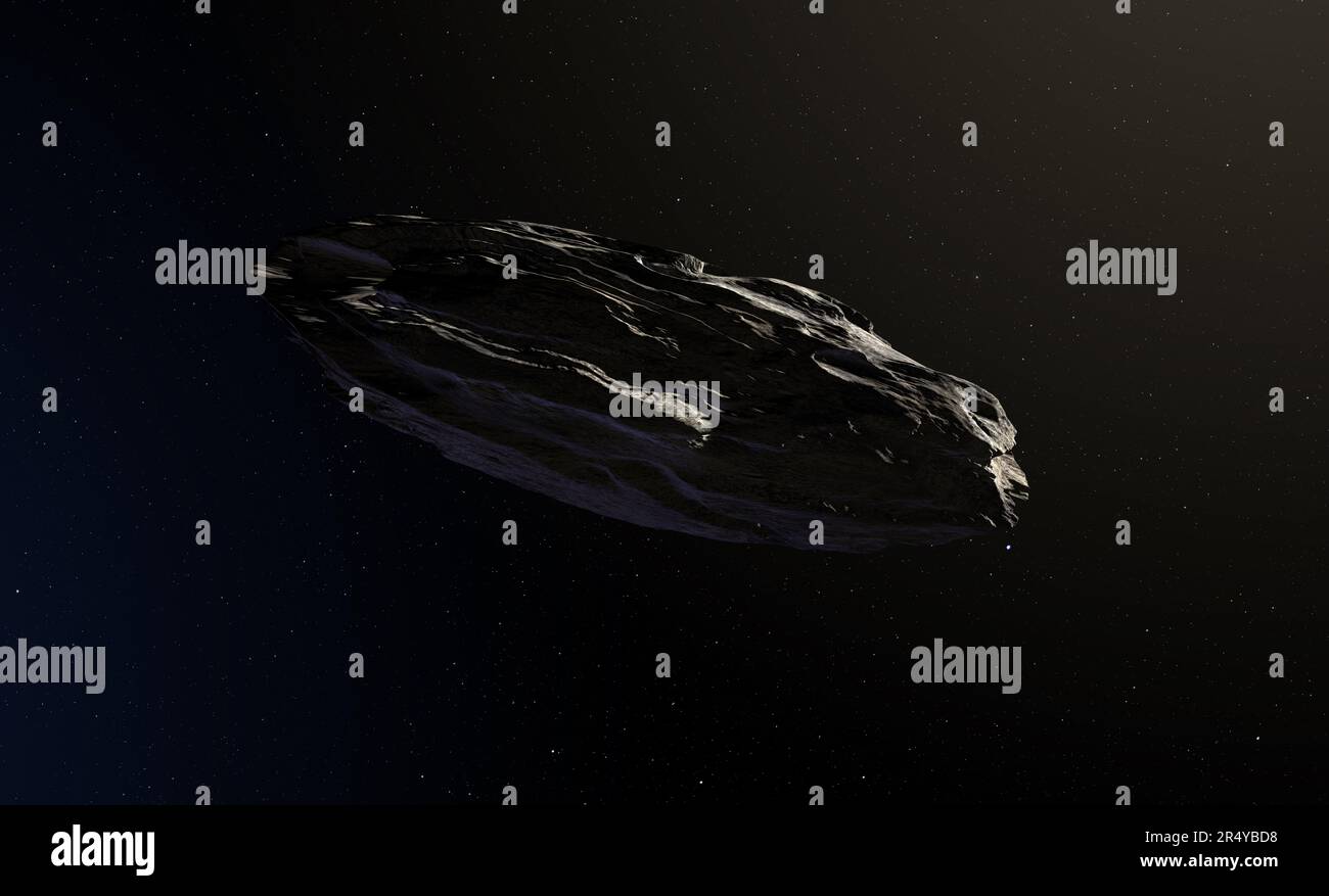 Ein riesiger, massiver Asteroid im Weltraum. Der Oumuamua-Asteroid ist das erste interstellare Objekt, das das Sonnensystem passiert. Von der NASA bereitgestellte Elemente. Stockfoto