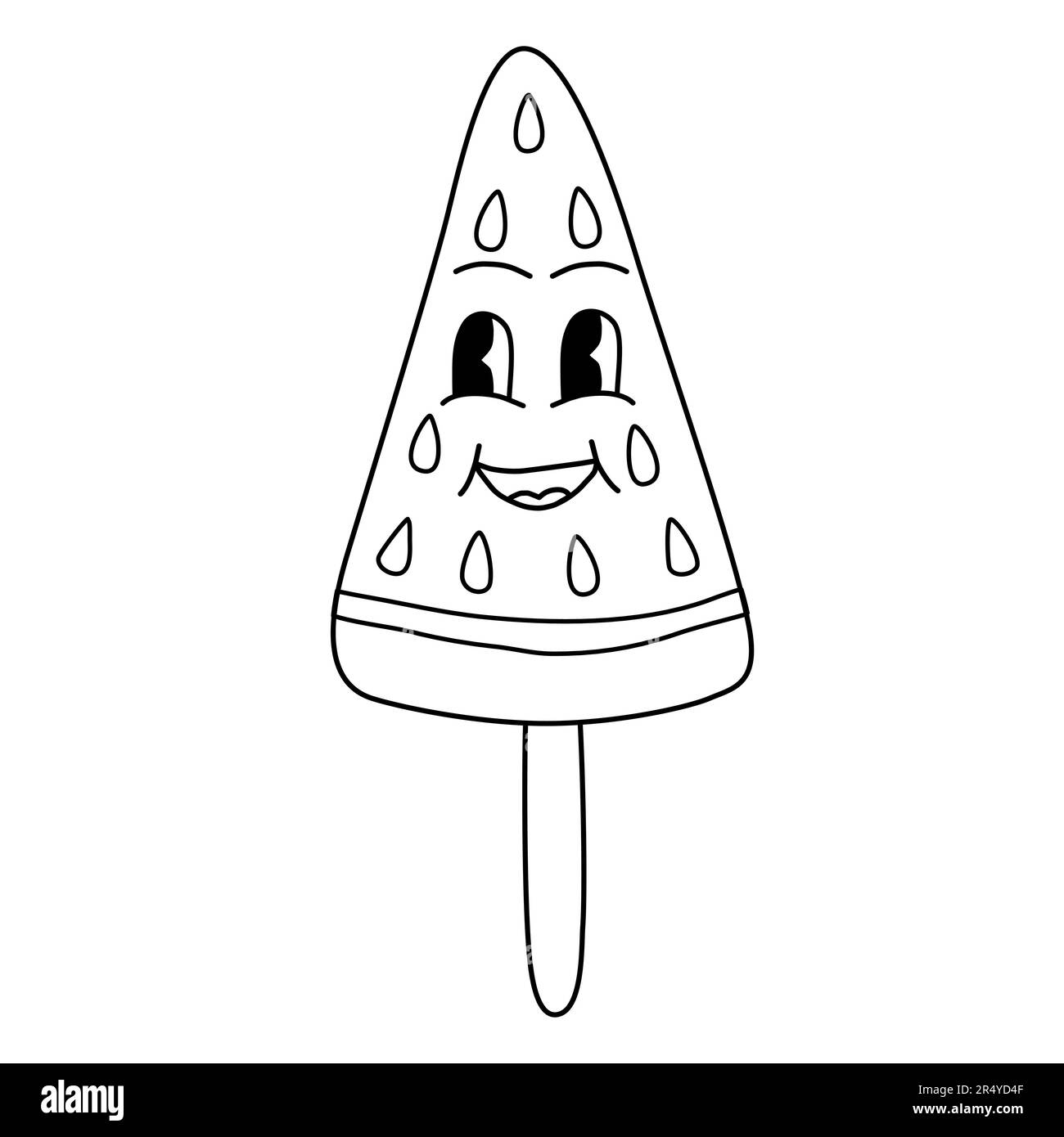 Wassermelone groovy Stil niedliche Cartoon Charakter Eiscreme mit Gesicht, Kritzelstil flacher Vektor Umriss Illustration für Kinder Malbuch Stock Vektor