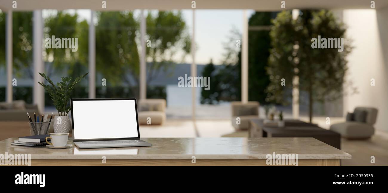 Arbeitsplatz zu Hause mit Laptop-Modell mit weißem Bildschirm, Zubehör und  Kopierplatz auf einem Tisch in einem modernen, luxuriösen, geräumigen  Wohnzimmer. Unscharfer Hintergrund. 3D Stockfotografie - Alamy