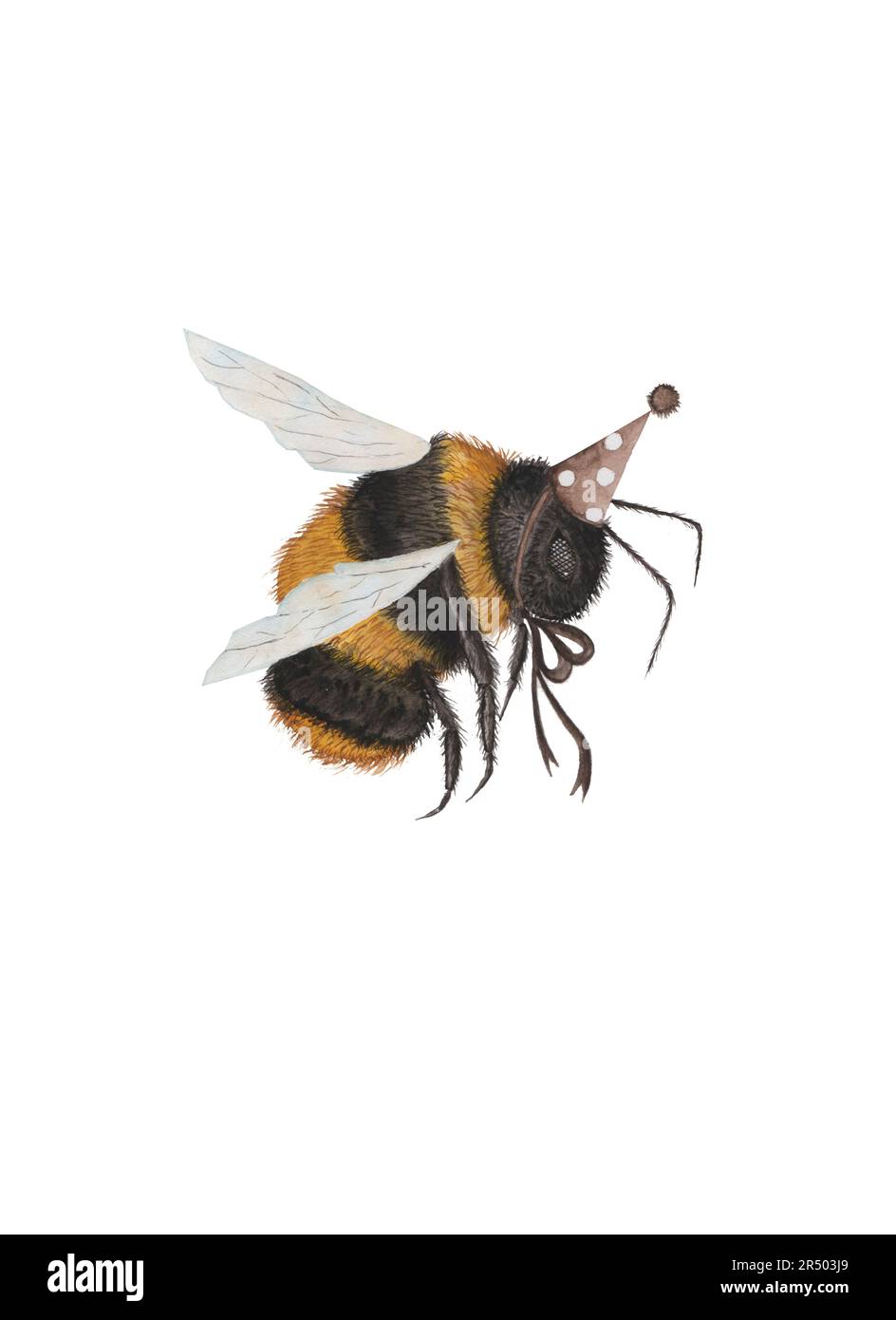 Aquarelle Hummel in festlicher Mütze. Süße Hummel zur Dekoration Ihres Unternehmens auf transparentem Hintergrund. Viel Spaß Stockfoto