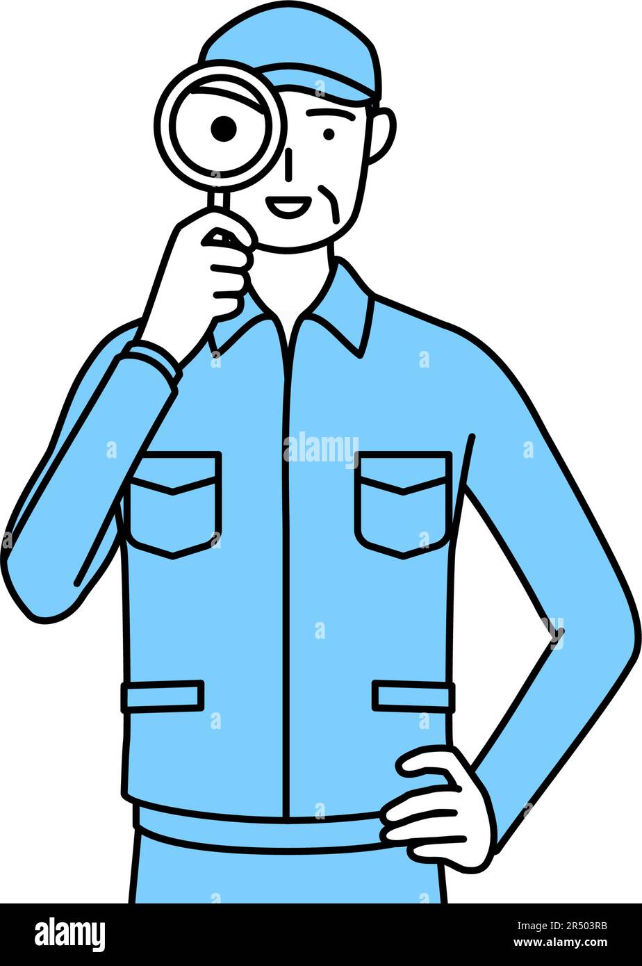 Senior-Mann in Hut und Arbeitskleidung, der durch Lupen schaut, Vektor-Illustration Stock Vektor