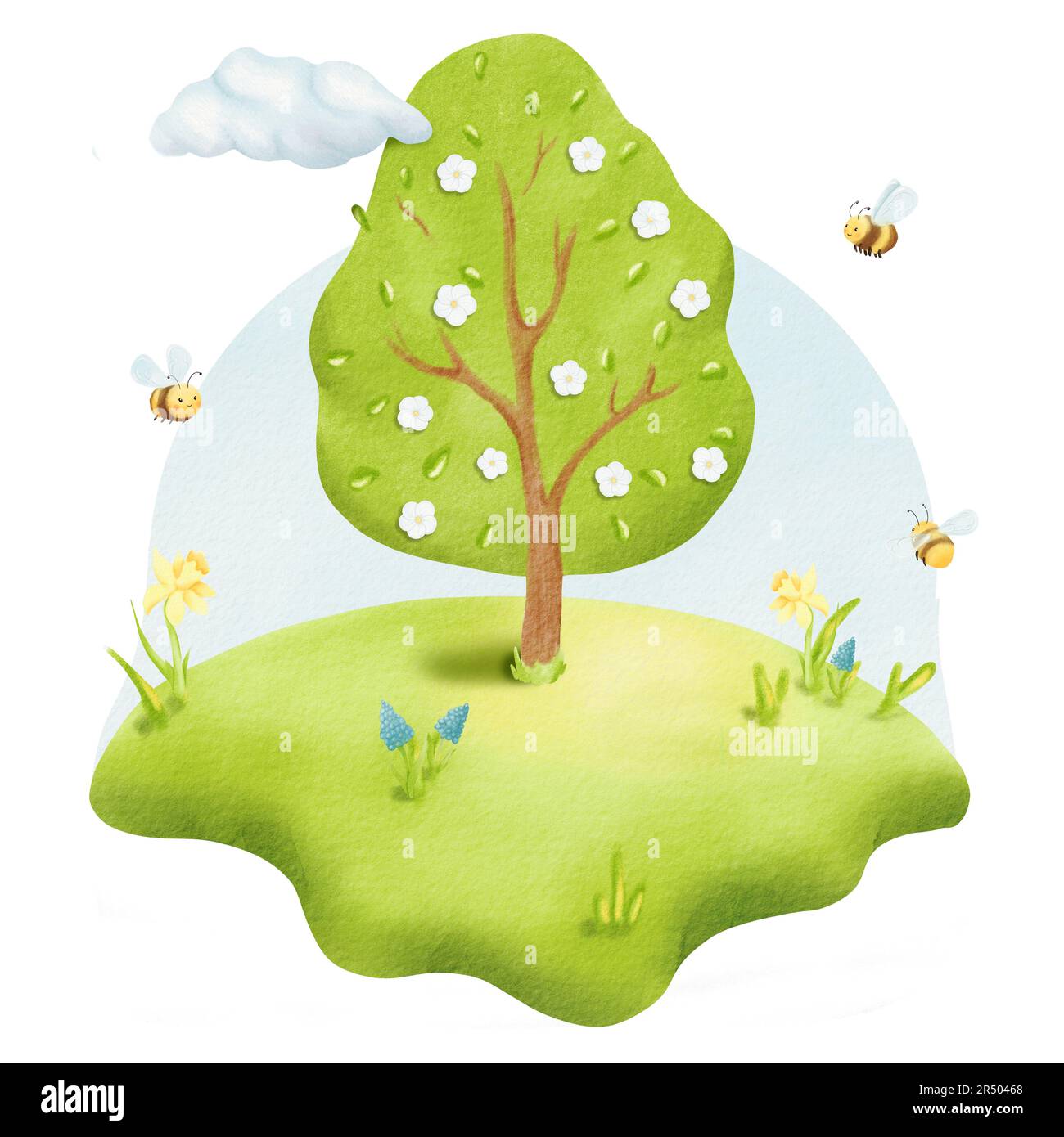 Zusammensetzung der Aquarelle: Blühender Baum, Wolke, Narzissen, Tulpen, Bienen. Für Geburtstagskarten, Poster für Kinderzimmer. Rustikaler Landhausstil. Sommer oder Stockfoto