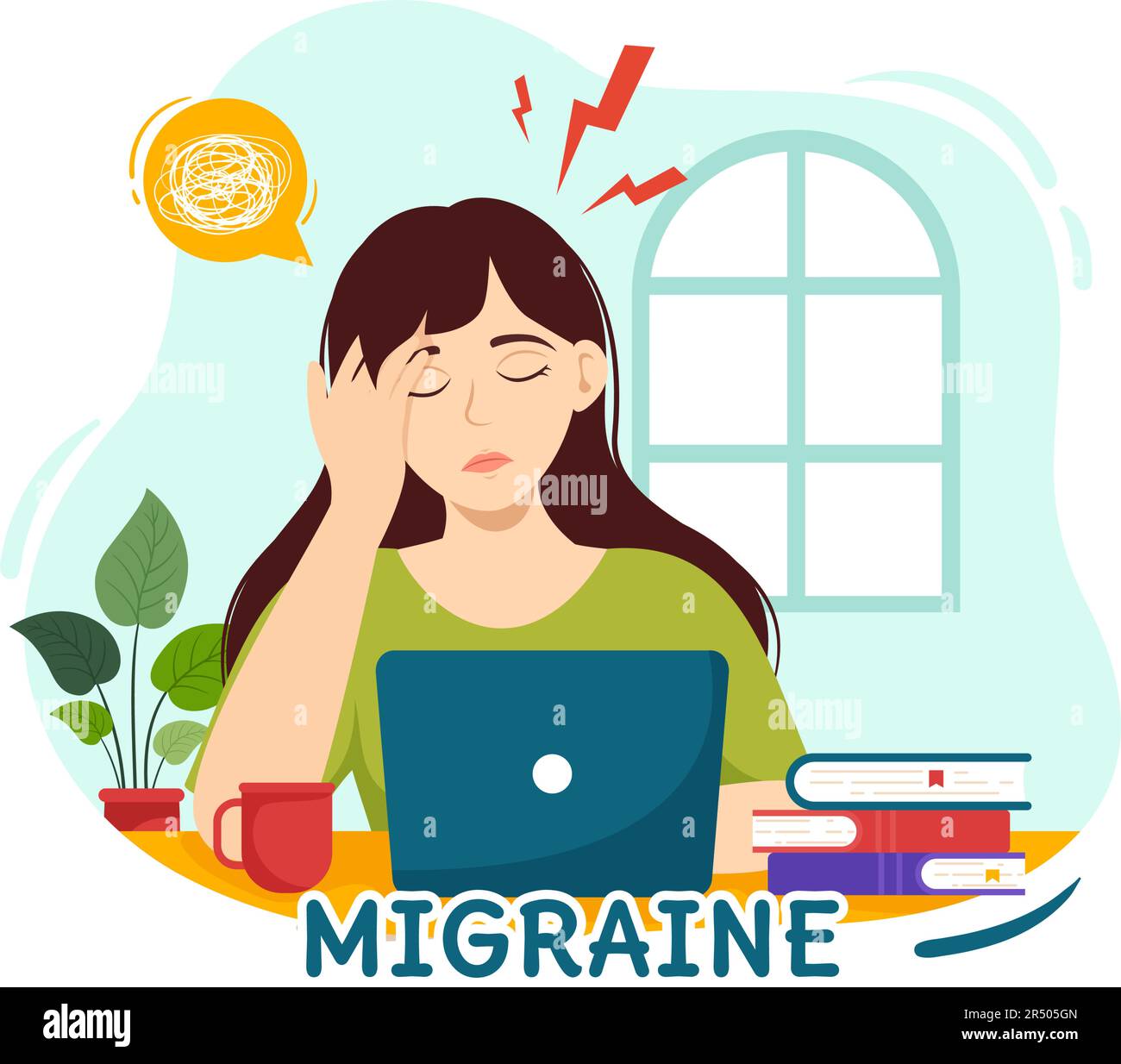 Migräne Vektor Illustration Menschen leiden unter Kopfschmerzen, Stress und Migräne im Gesundheitswesen flache Cartoon Hand Drawn Background Templates Stock Vektor
